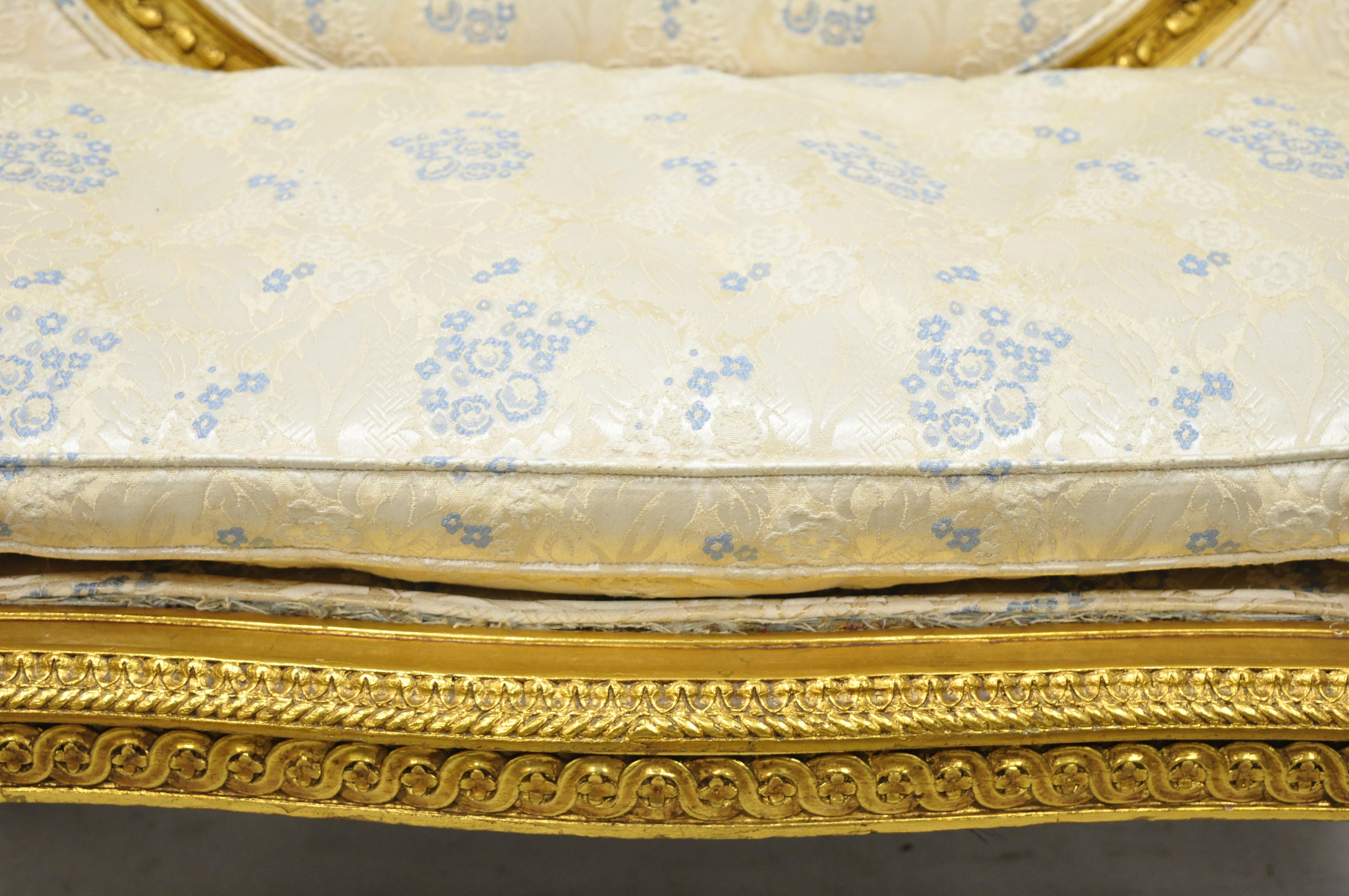 Fabric Antique French Louis XVI Style Victorian Gold Giltwood Petite Loveseat Settee