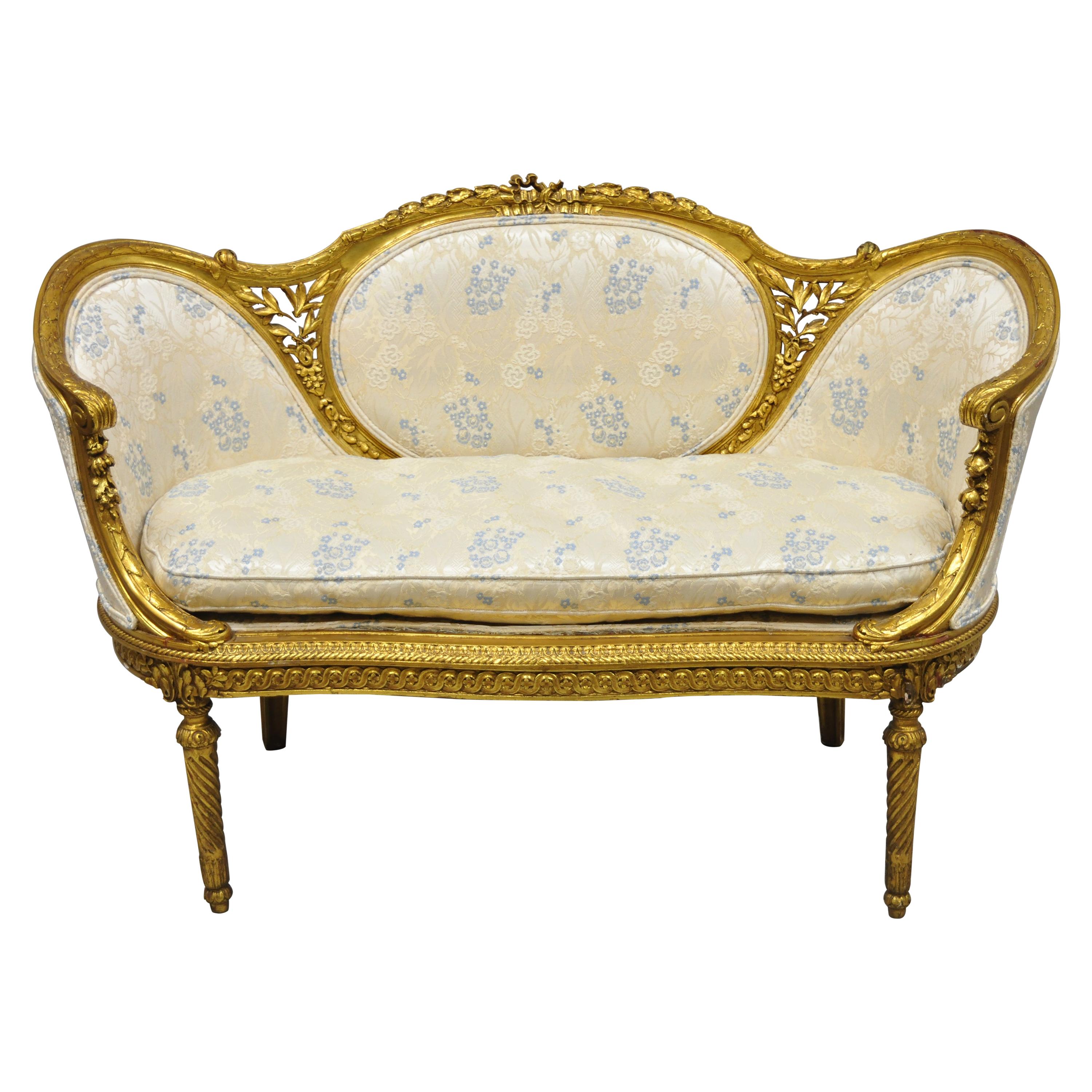 Antique French Louis XVI Style Victorian Gold Giltwood Petite Loveseat Settee