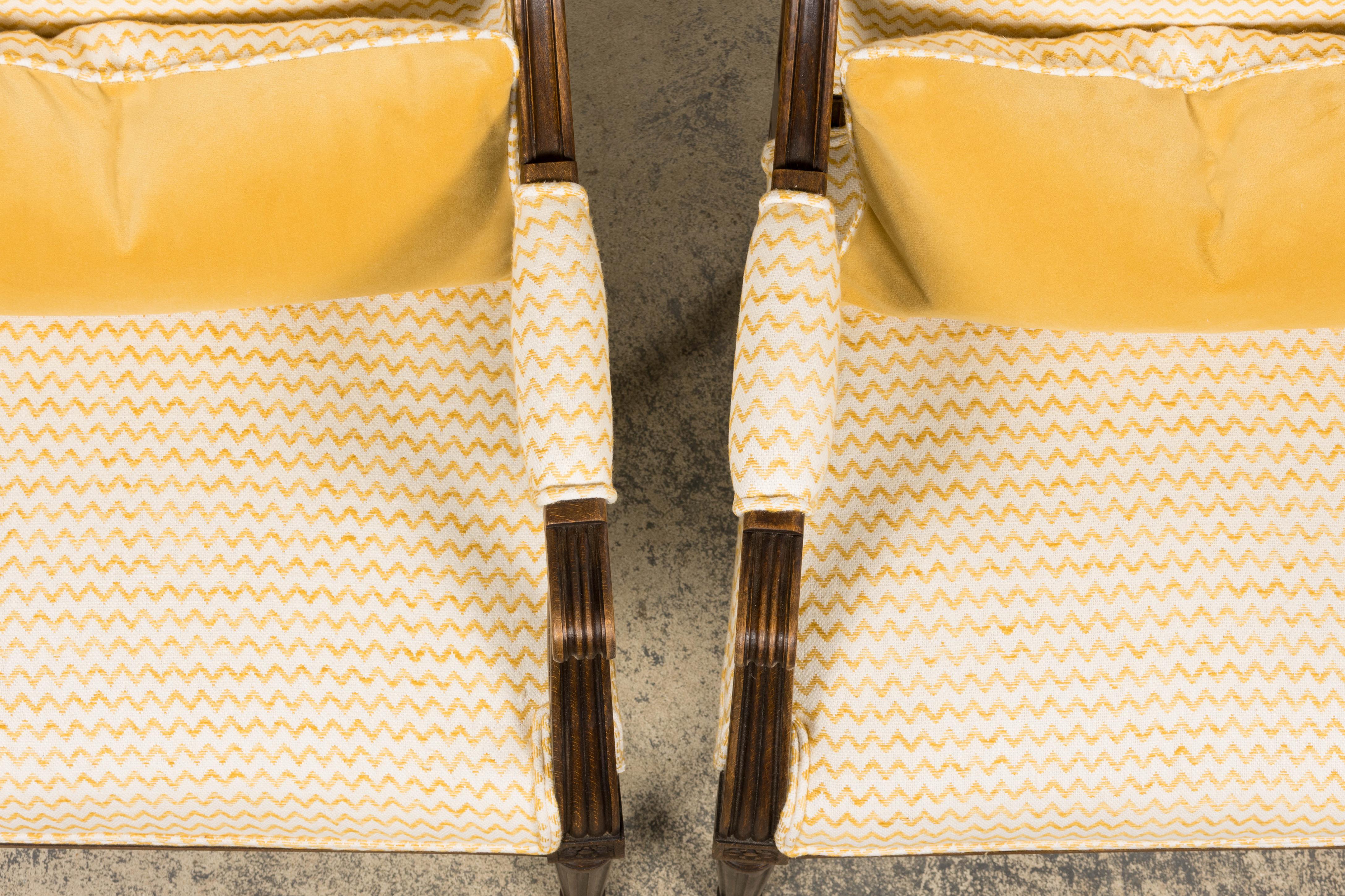 Francese Antique French Louis XVI Style Walnut Armchairs in Yellow Linen - A Pair in vendita
