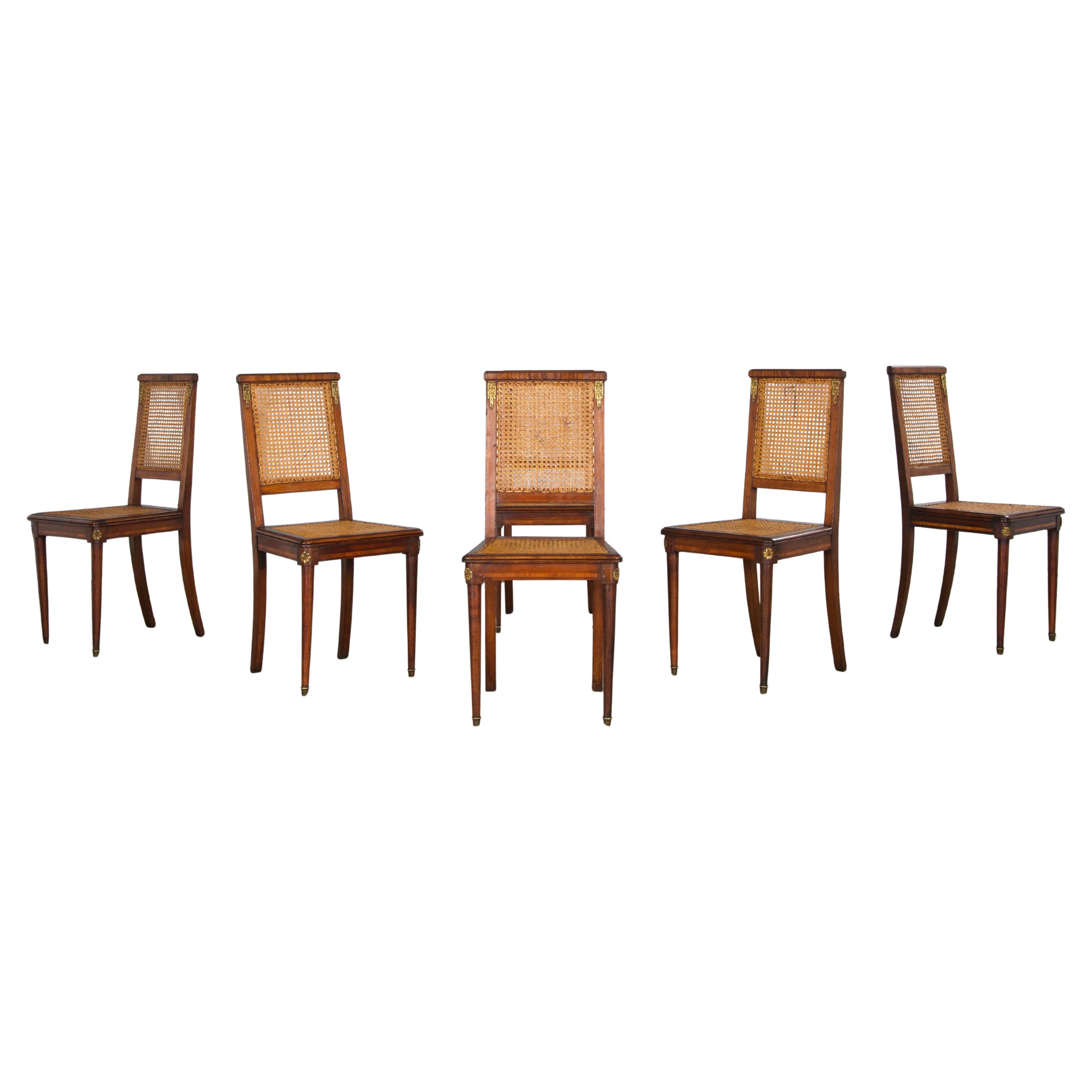 Antique French Louis XVI Style Walnut Dining Chairs W/ Cane Seats - Set of 6