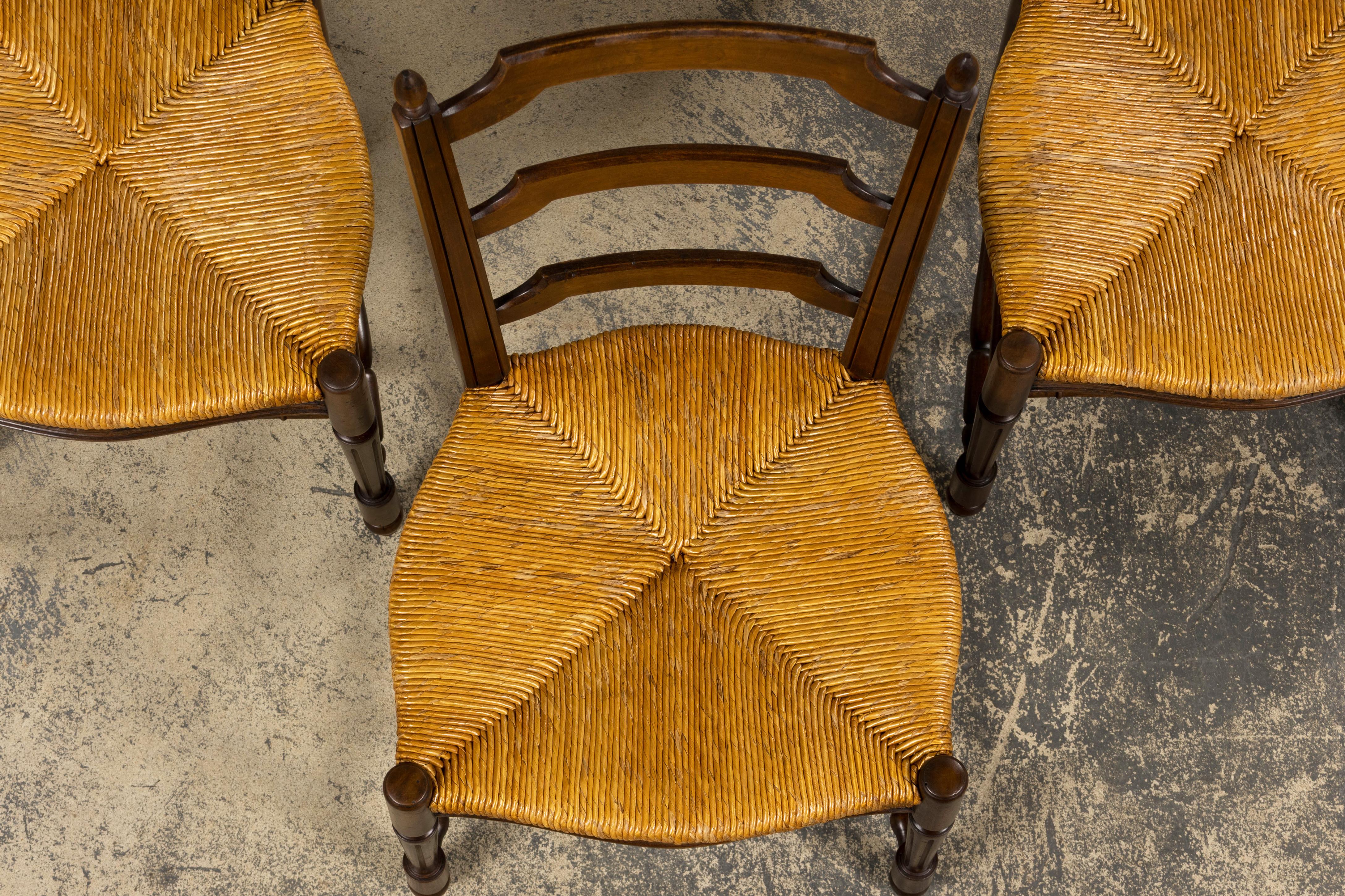 Antique French Louis XVI Style Walnut Dining Chairs W/ Rush Seats - Set of 8 In Good Condition For Sale In Astoria, NY