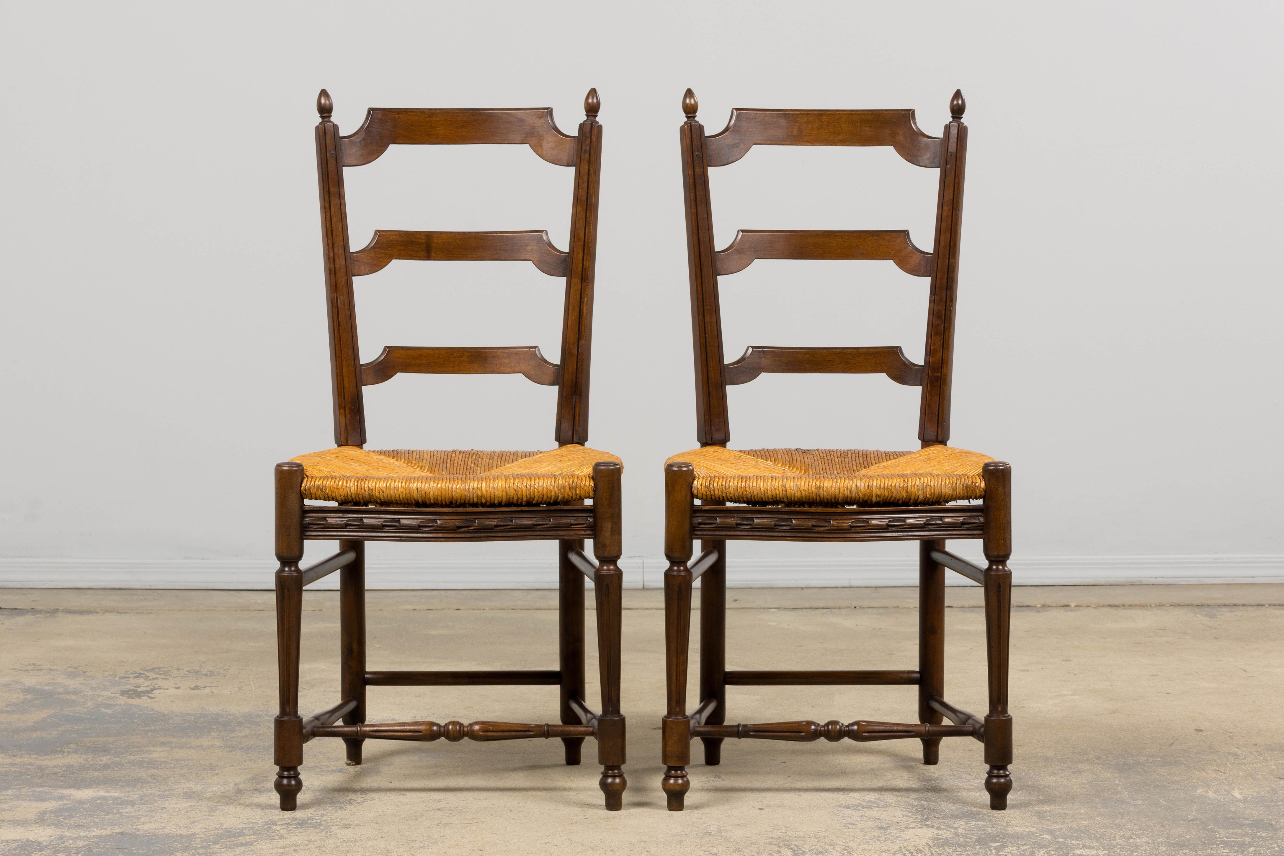 19th Century Antique French Louis XVI Style Walnut Dining Chairs W/ Rush Seats - Set of 8 For Sale