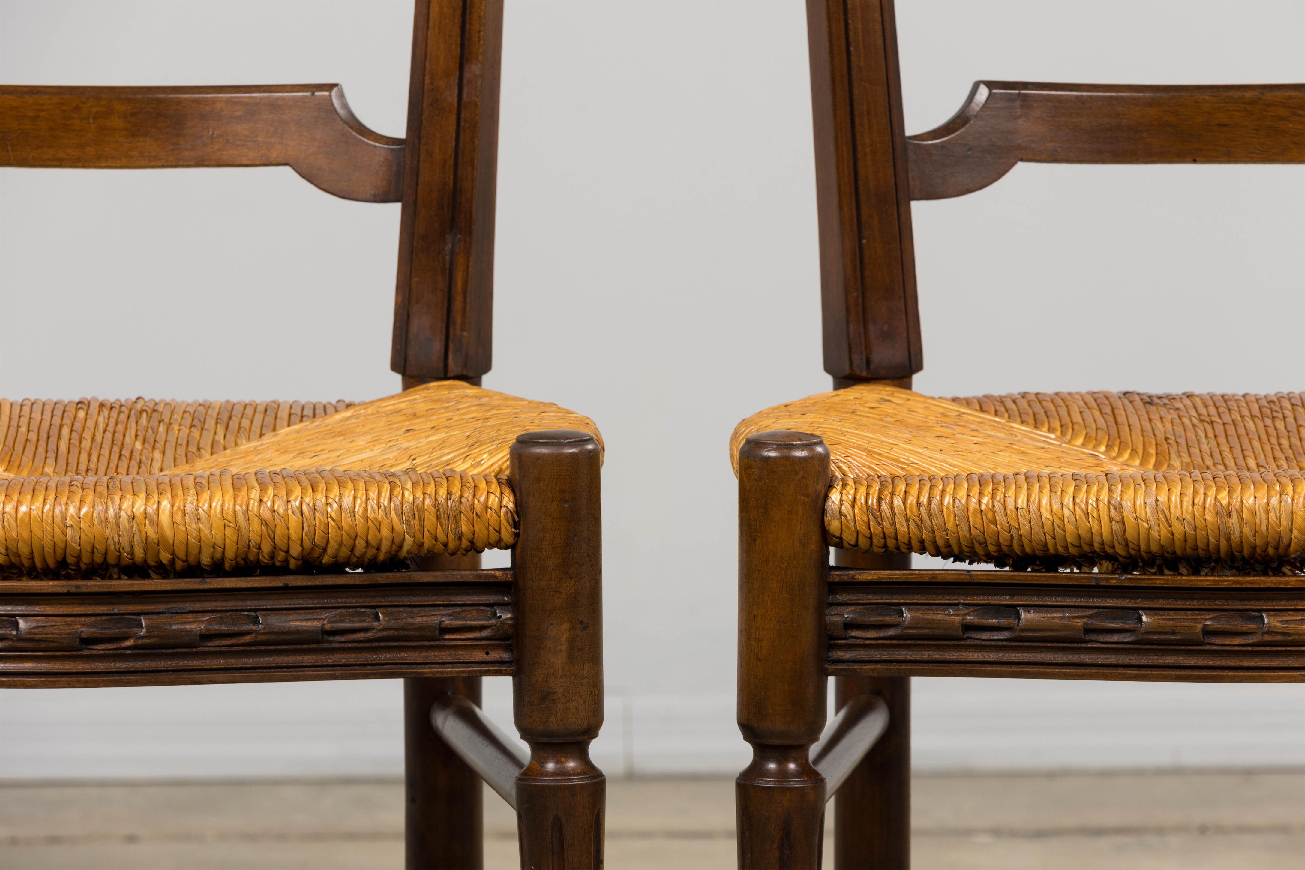 Antique French Louis XVI Style Walnut Dining Chairs W/ Rush Seats - Set of 8 For Sale 1