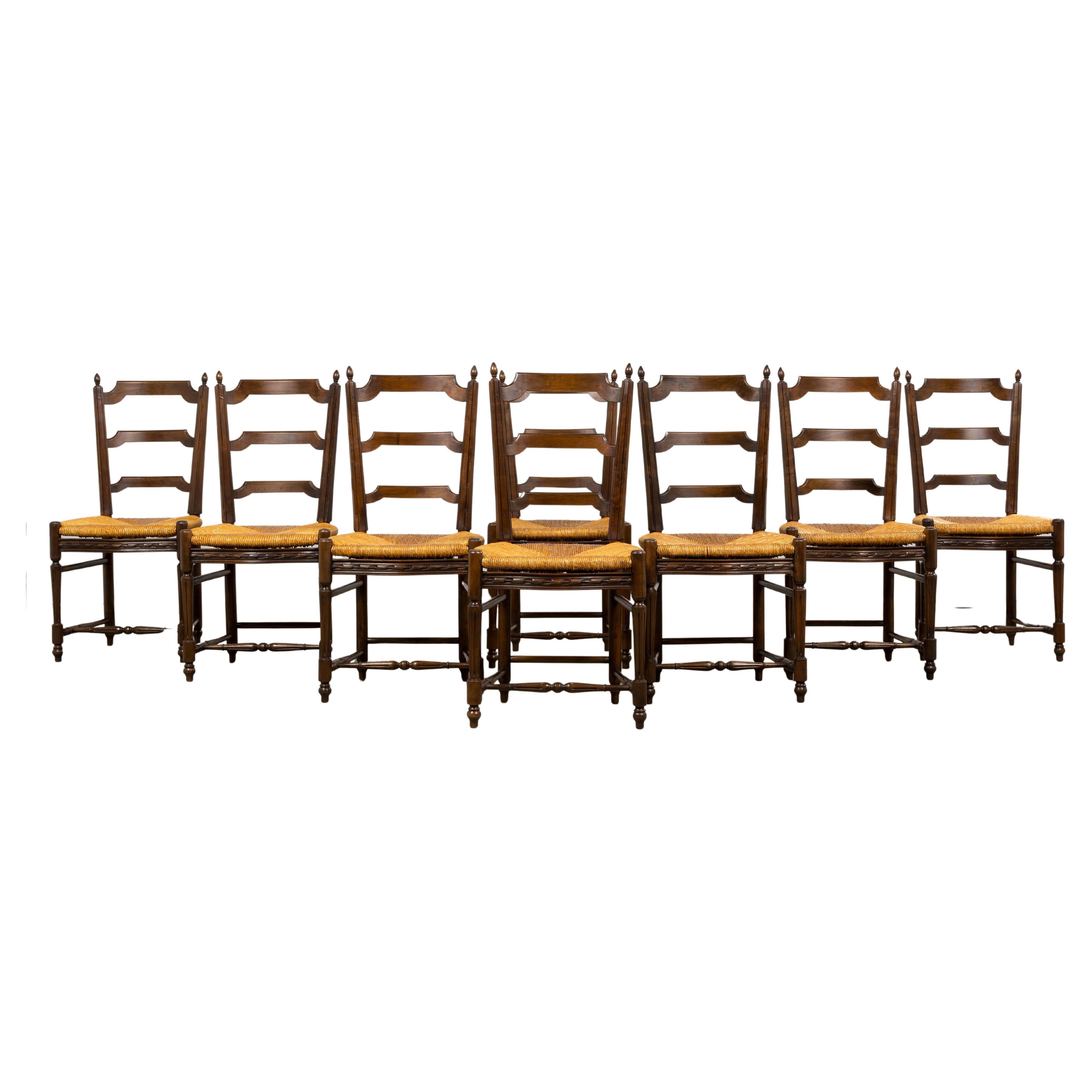 Antique French Louis XVI Style Walnut Dining Chairs W/ Rush Seats - Set of 8 For Sale