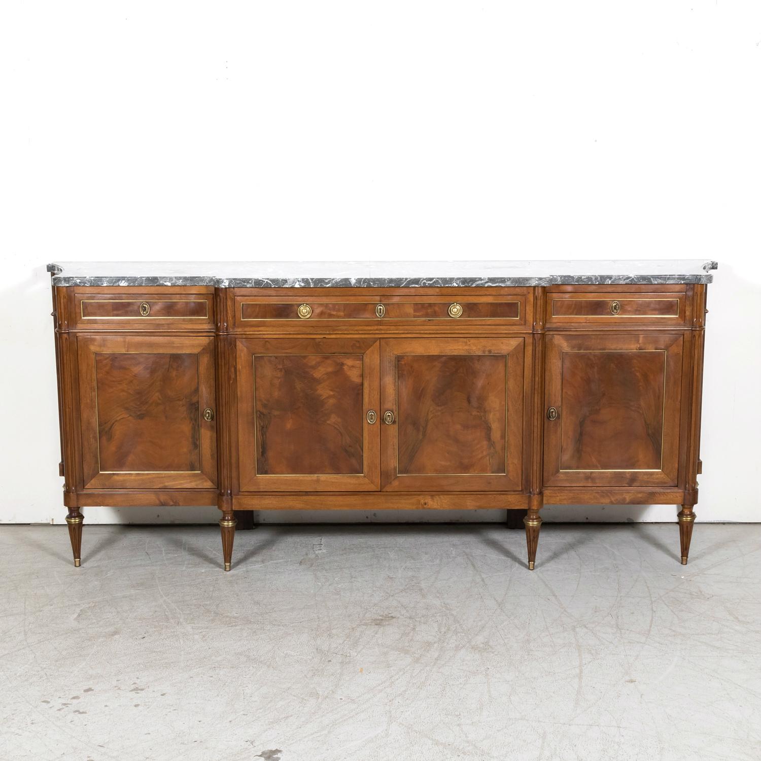 Antique French Louis XVI Style Walnut Enfilade Buffet with Gray Marble Top In Good Condition In Birmingham, AL