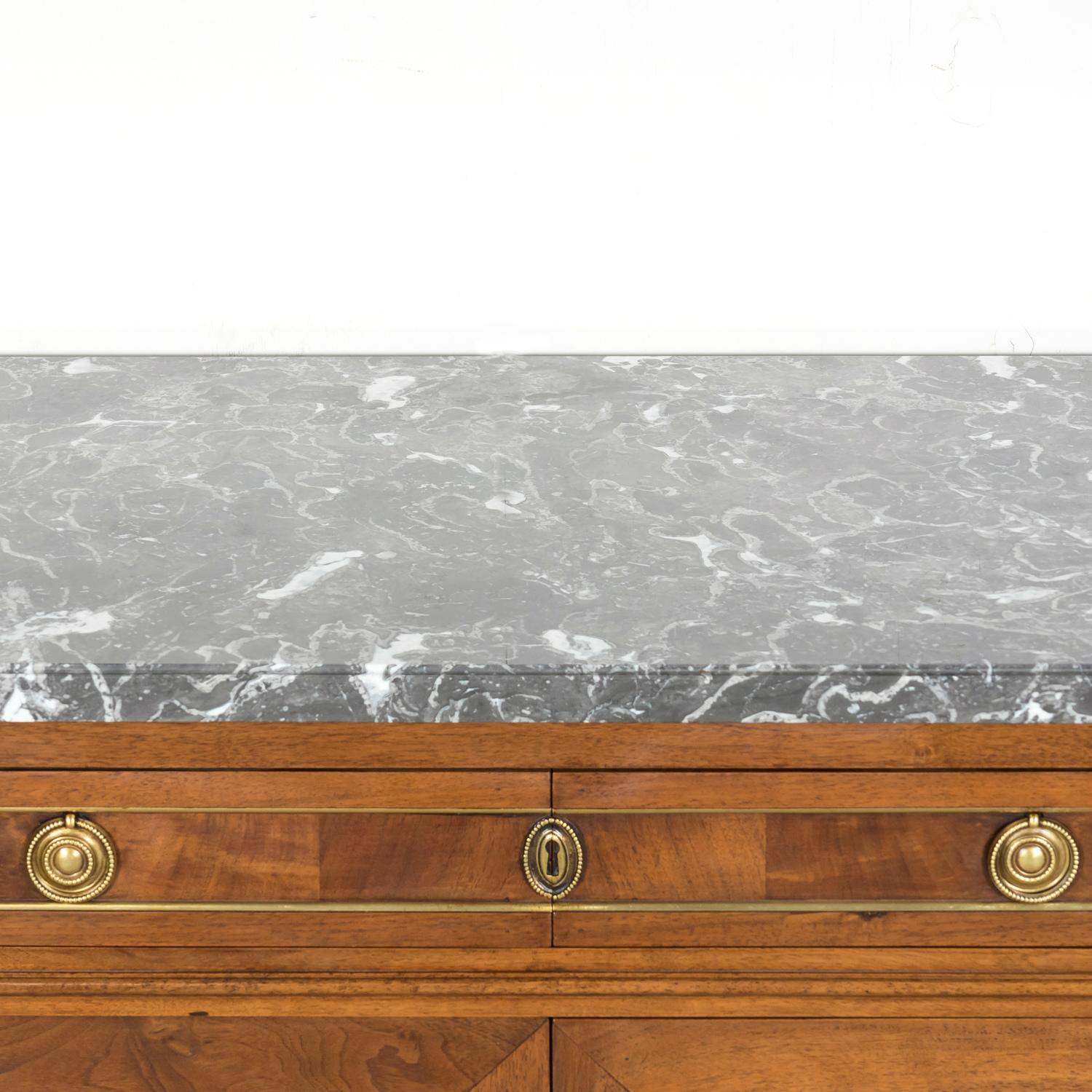 Early 20th Century Antique French Louis XVI Style Walnut Enfilade Buffet with Gray Marble Top