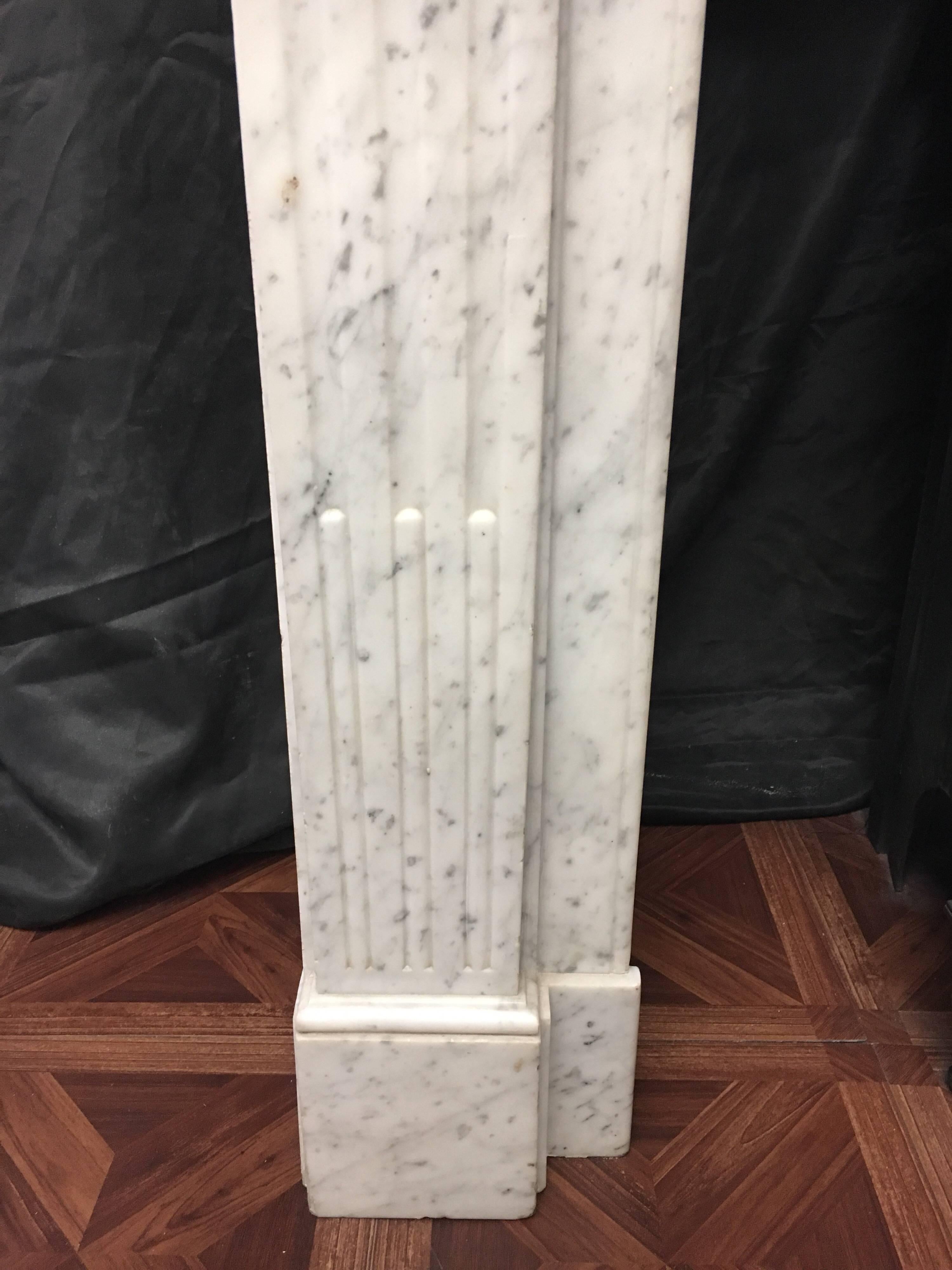 Carved Antique French Louis XVI Style White Carrara Marble Fireplace Surround