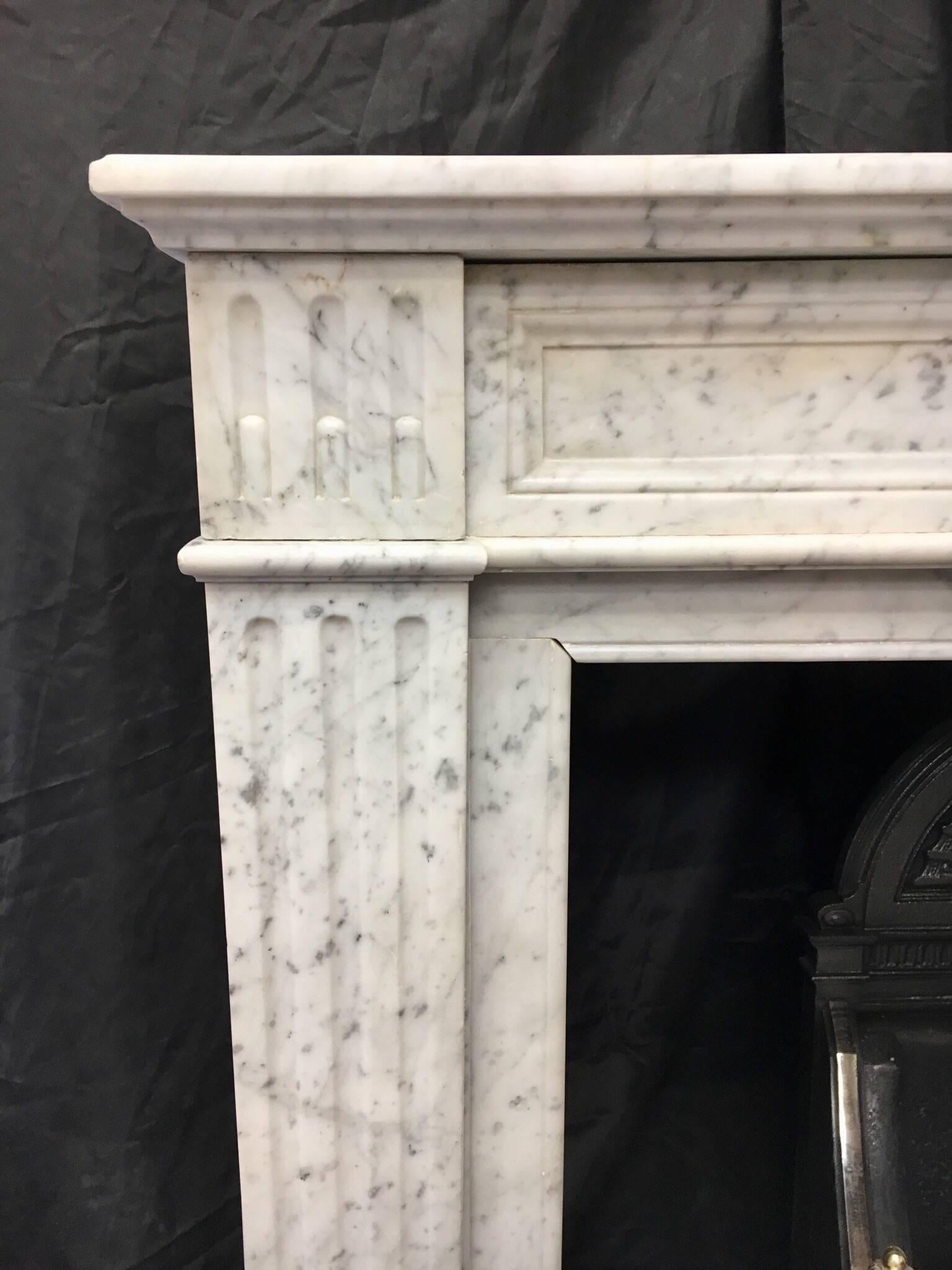 Mid-19th Century Antique French Louis XVI Style White Carrara Marble Fireplace Surround