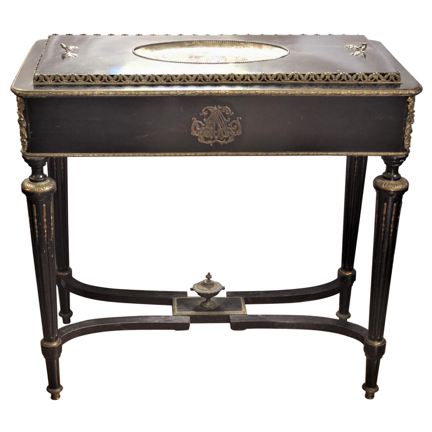 Antique French Louis XVI Styled Ebonized Jardinière Table with Inset Plaque Top For Sale