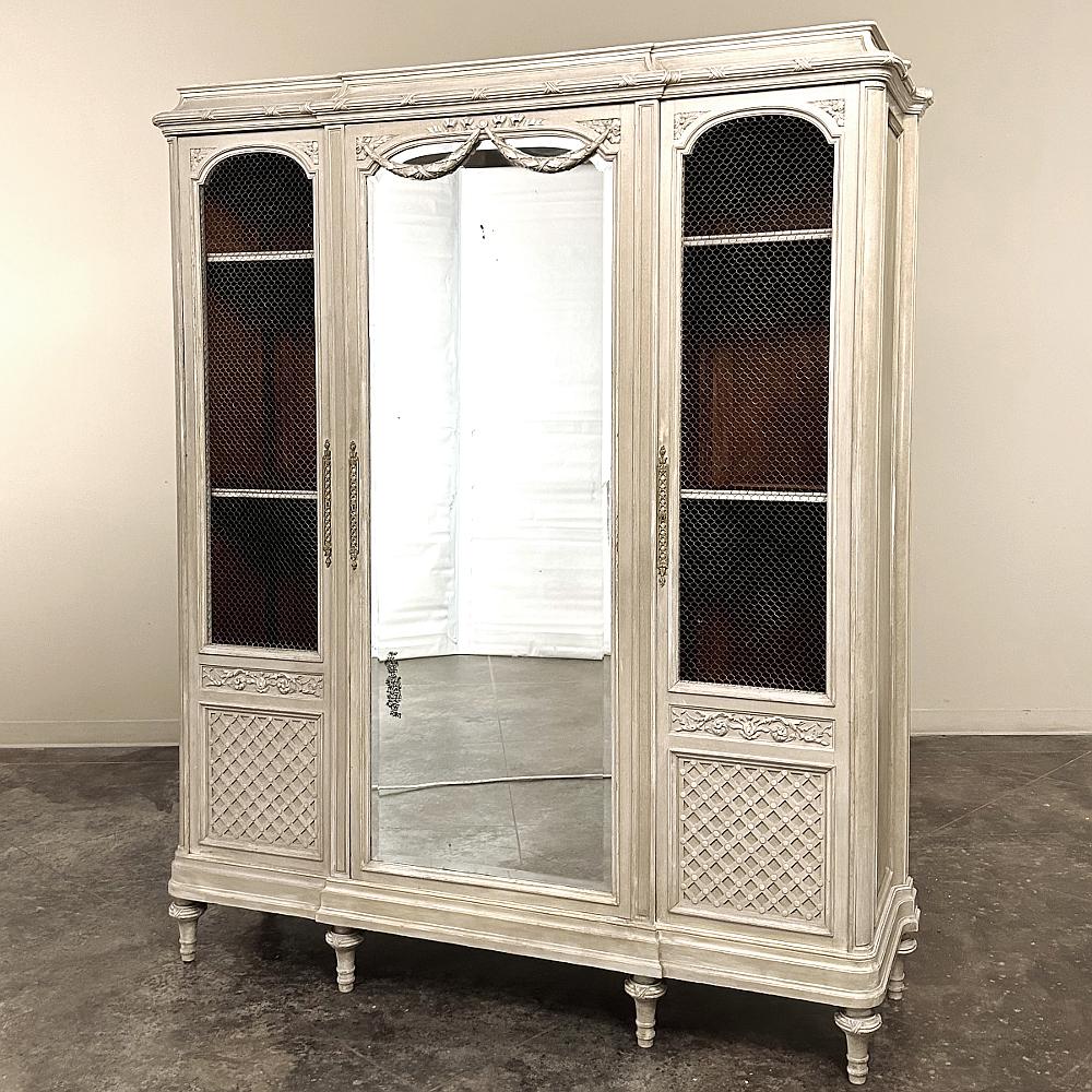 Hand-Carved Antique French Louis XVI Triple Painted Armoire ~ DIsplay Armoire For Sale