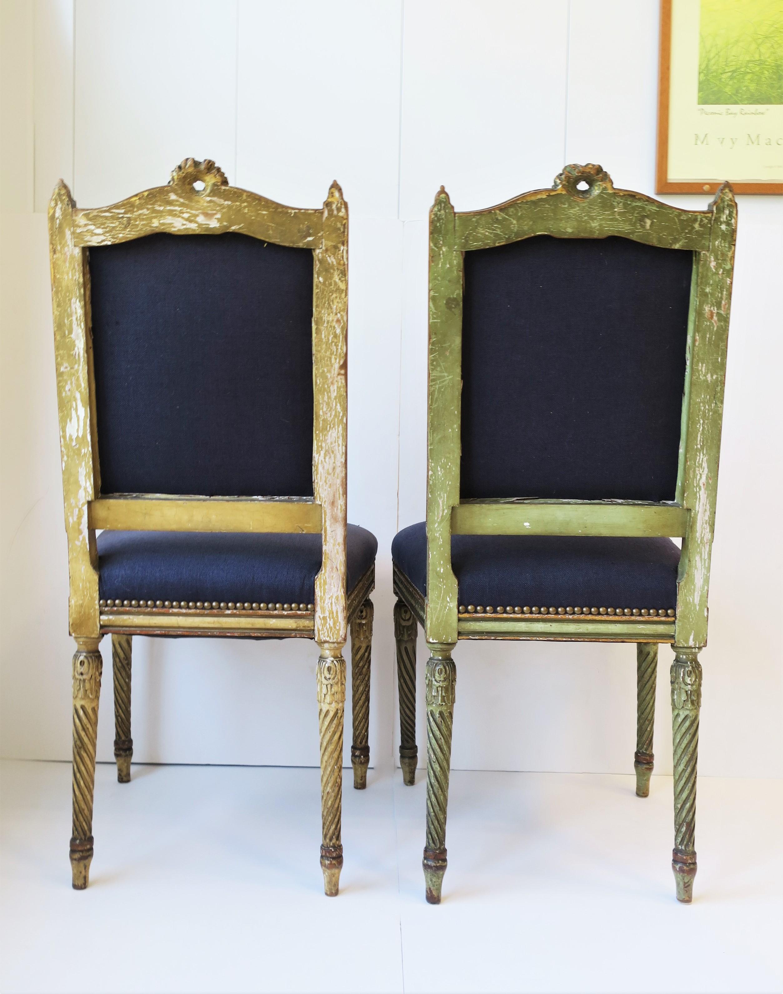 Antique French Blue and Gold Louis XVI Upholstered Side or Dining Chairs, Pair 14