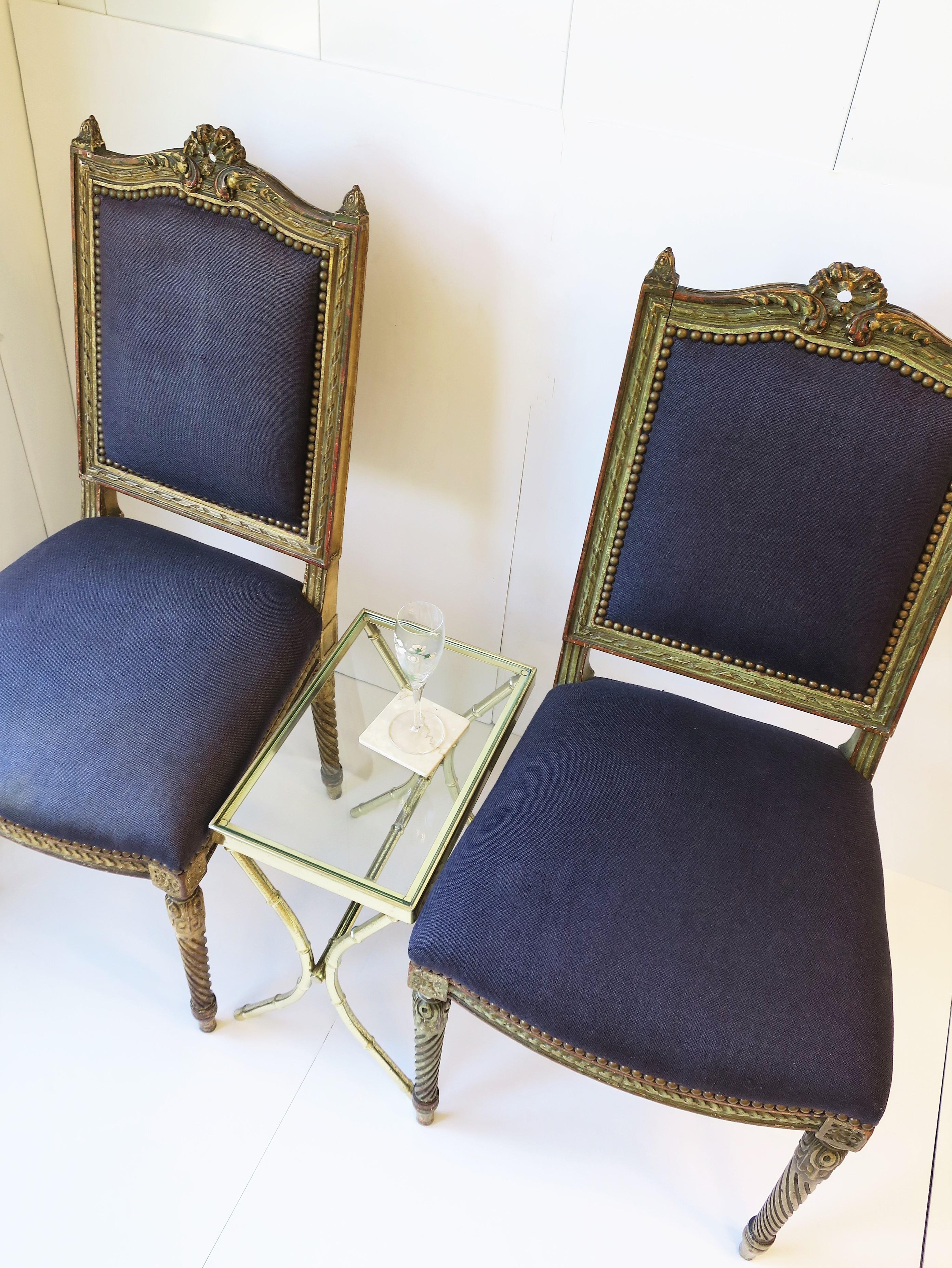 Antique French Blue and Gold Louis XVI Upholstered Side or Dining Chairs, Pair In Good Condition In New York, NY