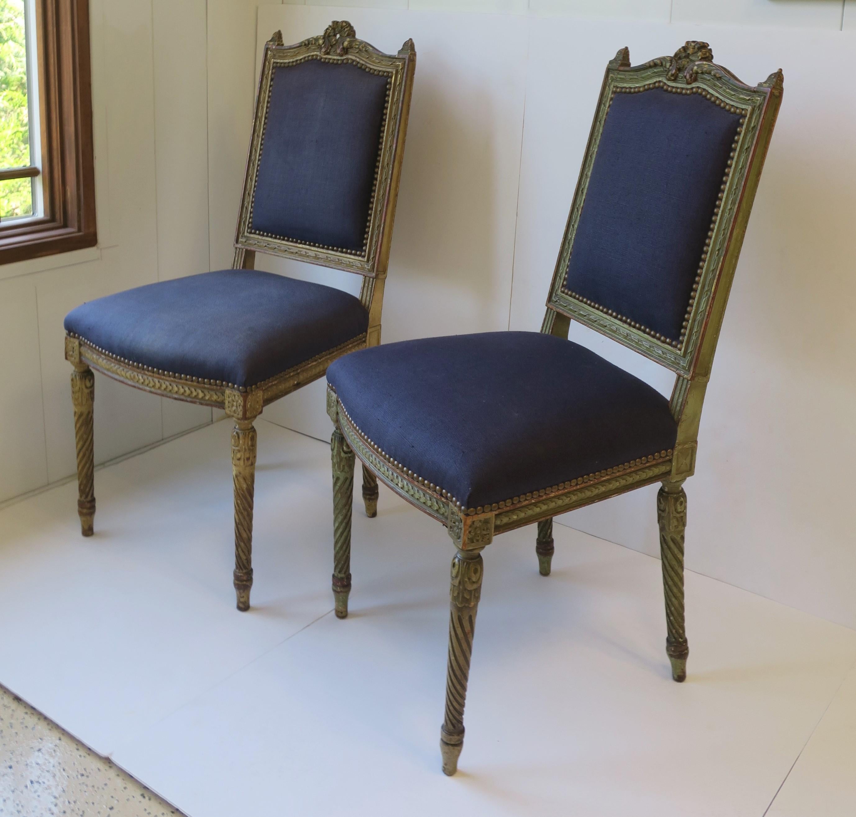 19th Century Antique French Blue and Gold Louis XVI Upholstered Side or Dining Chairs, Pair