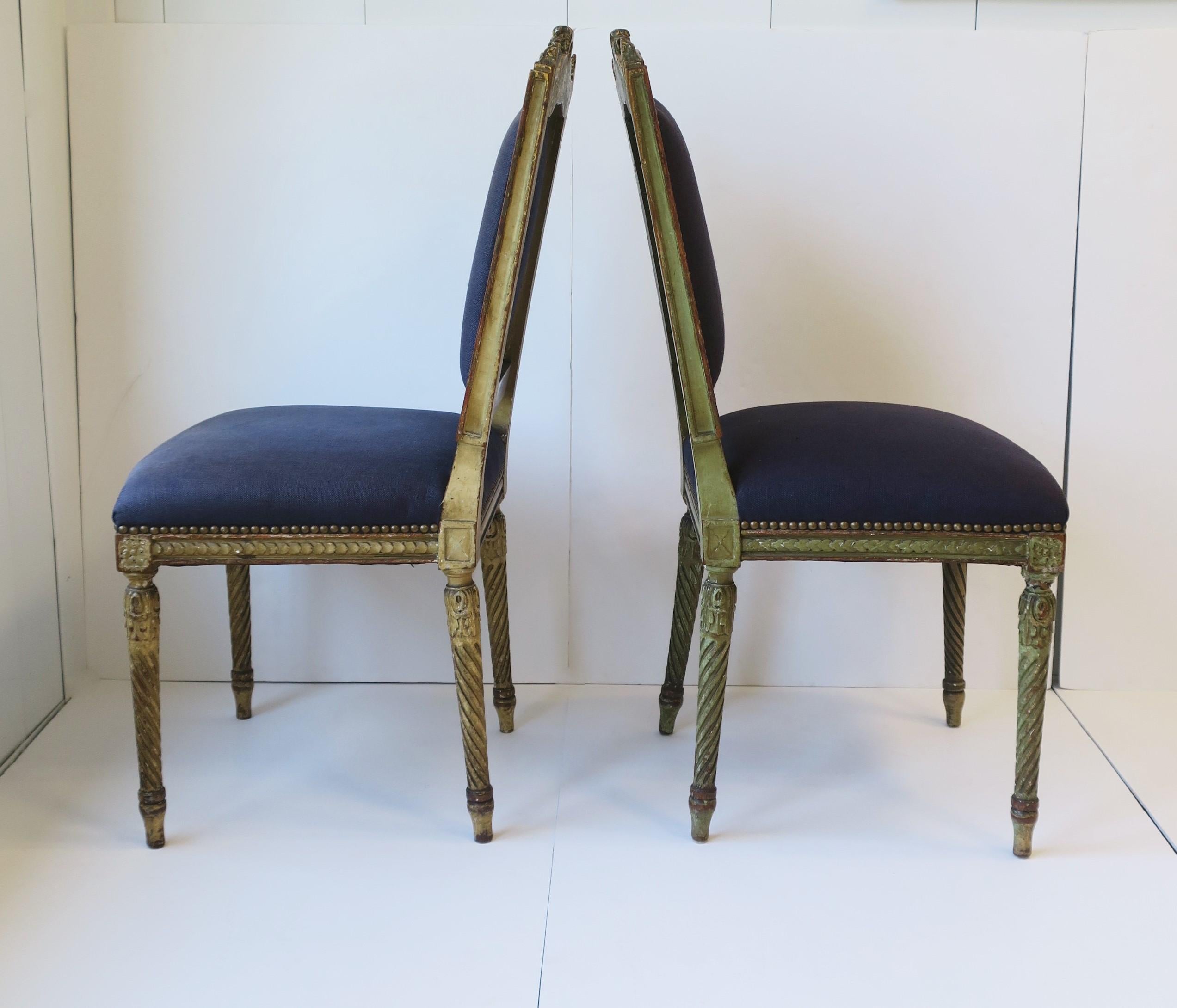 Antique French Blue and Gold Louis XVI Upholstered Side or Dining Chairs, Pair 2