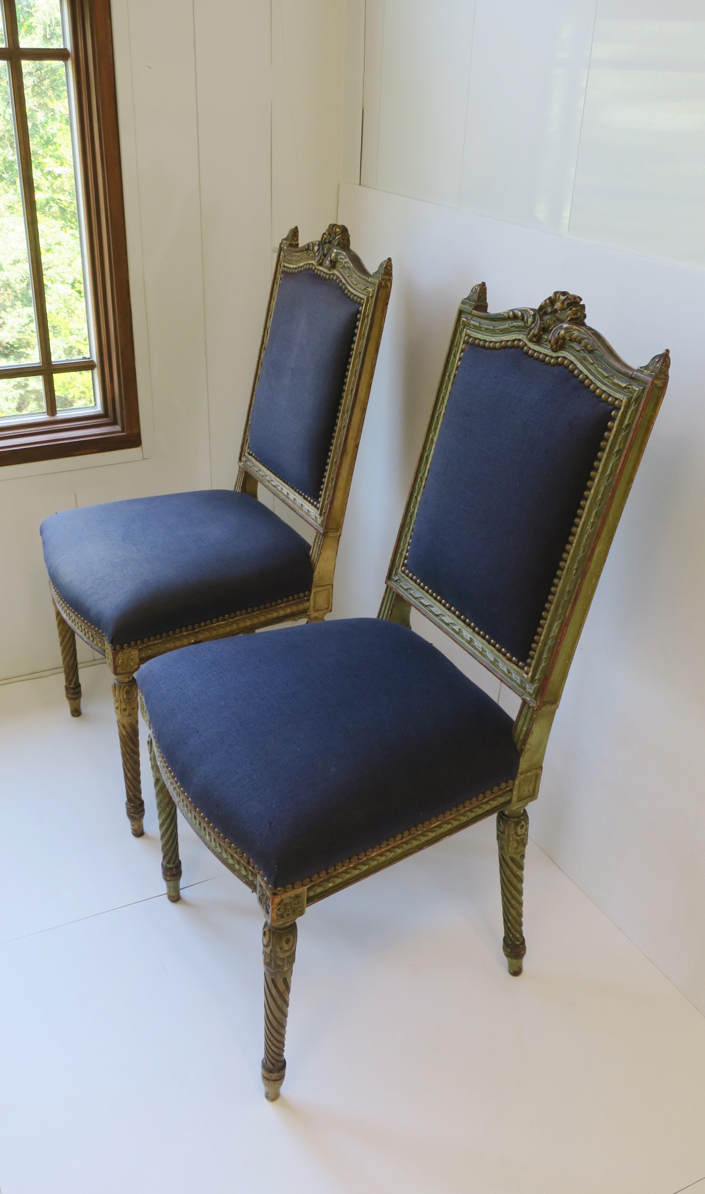 Linen Antique French Blue and Gold Louis XVI Upholstered Side or Dining Chairs, Pair