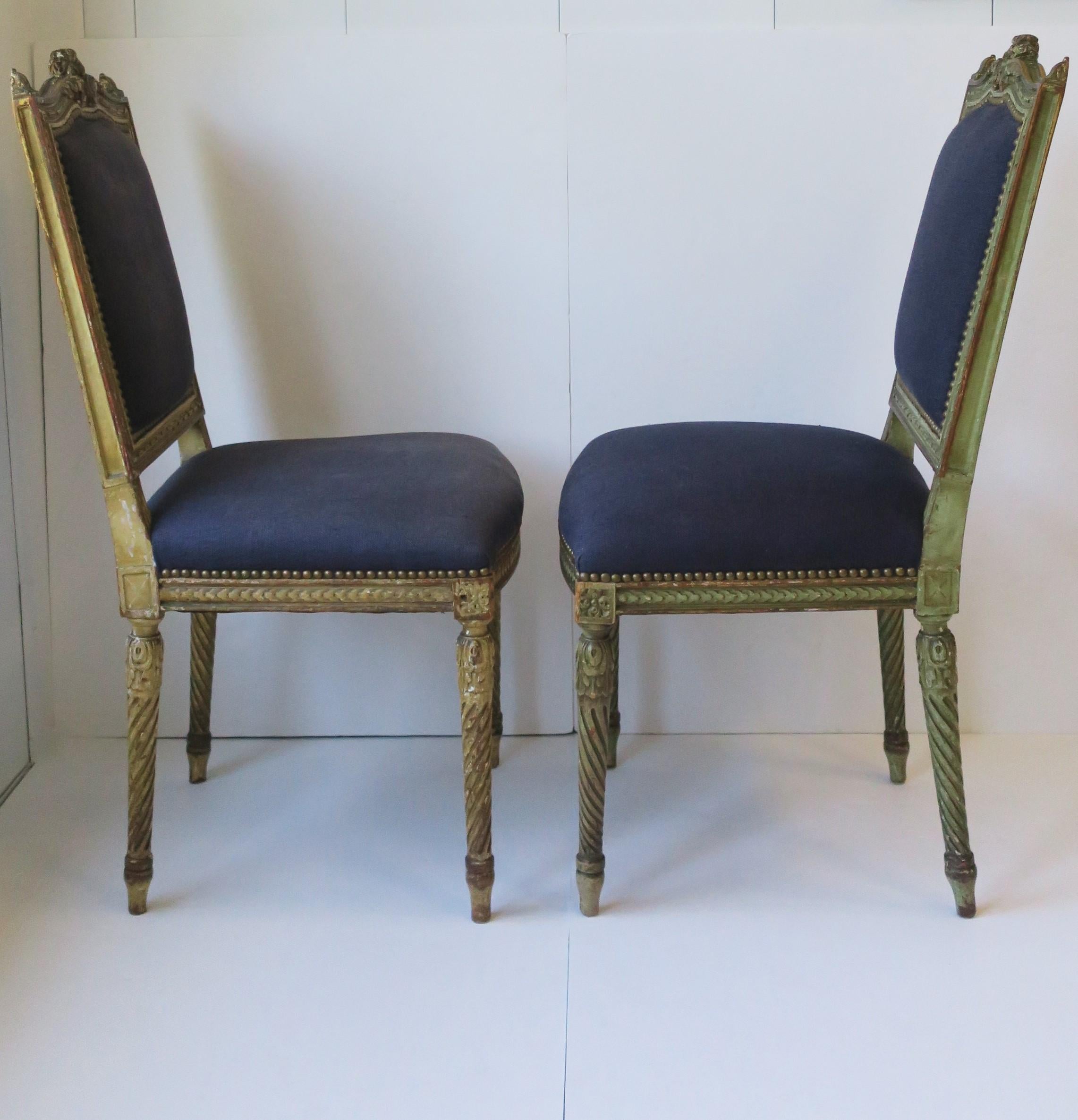 Antique French Blue and Gold Louis XVI Upholstered Side or Dining Chairs, Pair 3