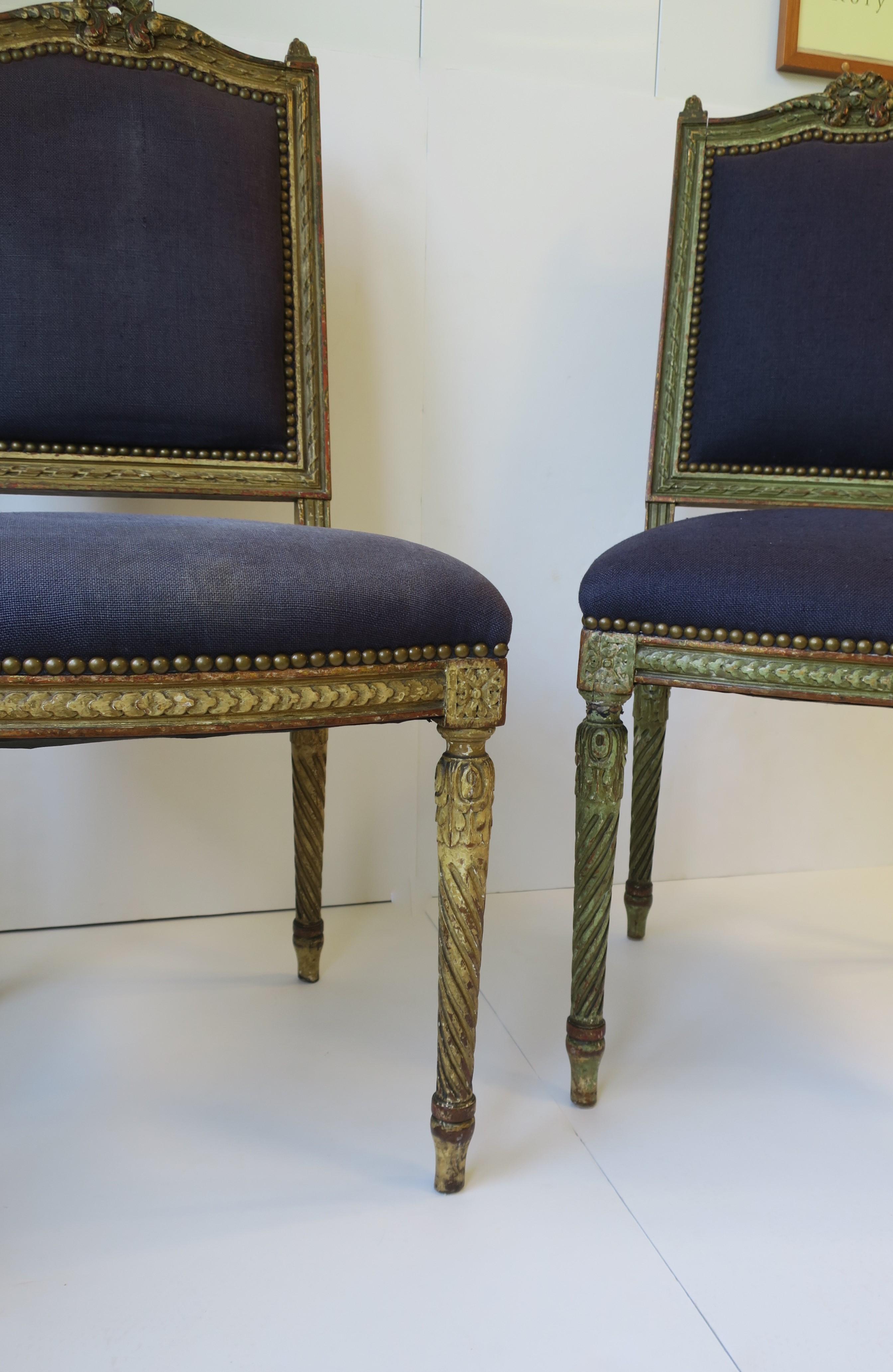 Antique French Blue and Gold Louis XVI Upholstered Side or Dining Chairs, Pair 4