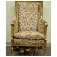 Antique French Louis XVI Victorian Gold Gilt Wood Wing Back Bergere Arm Chair