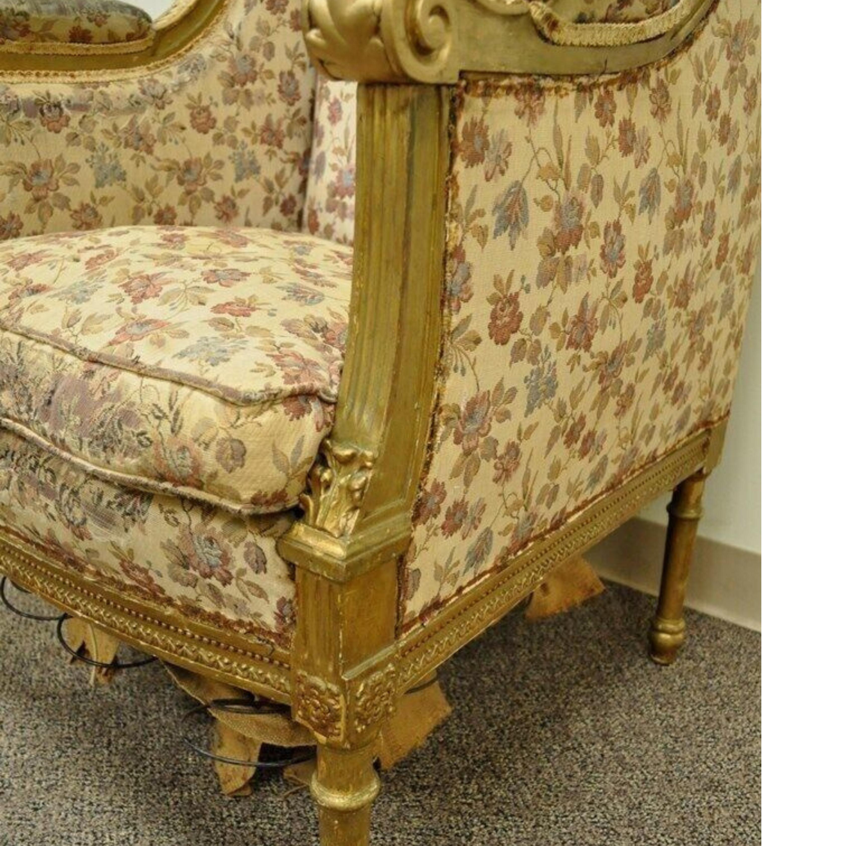 Fabric Antique French Louis XVI Victorian Gold Gilt Wood Wing Back Bergere Arm Chair For Sale