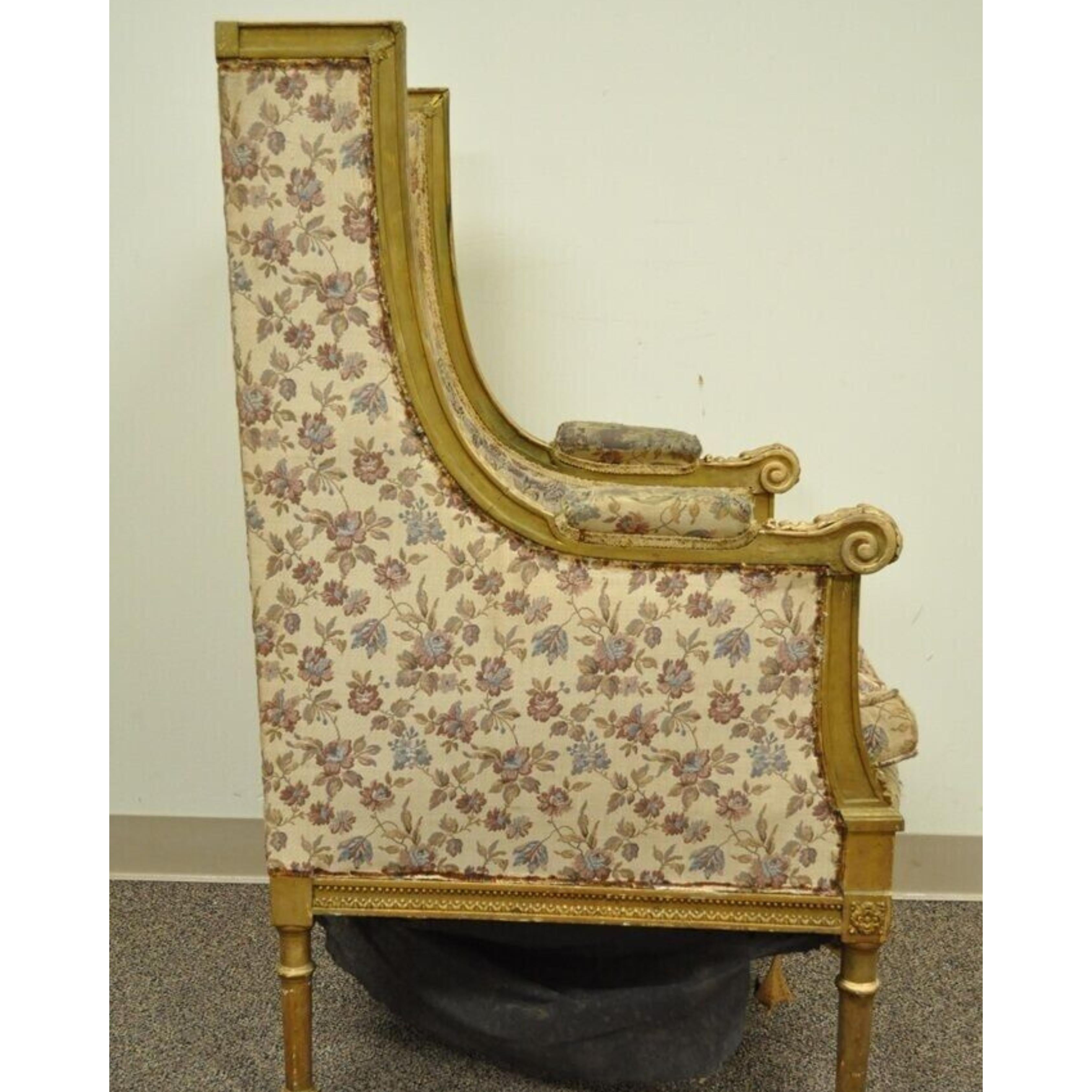 Antique French Louis XVI Victorian Gold Gilt Wood Wing Back Bergere Arm Chair For Sale 1