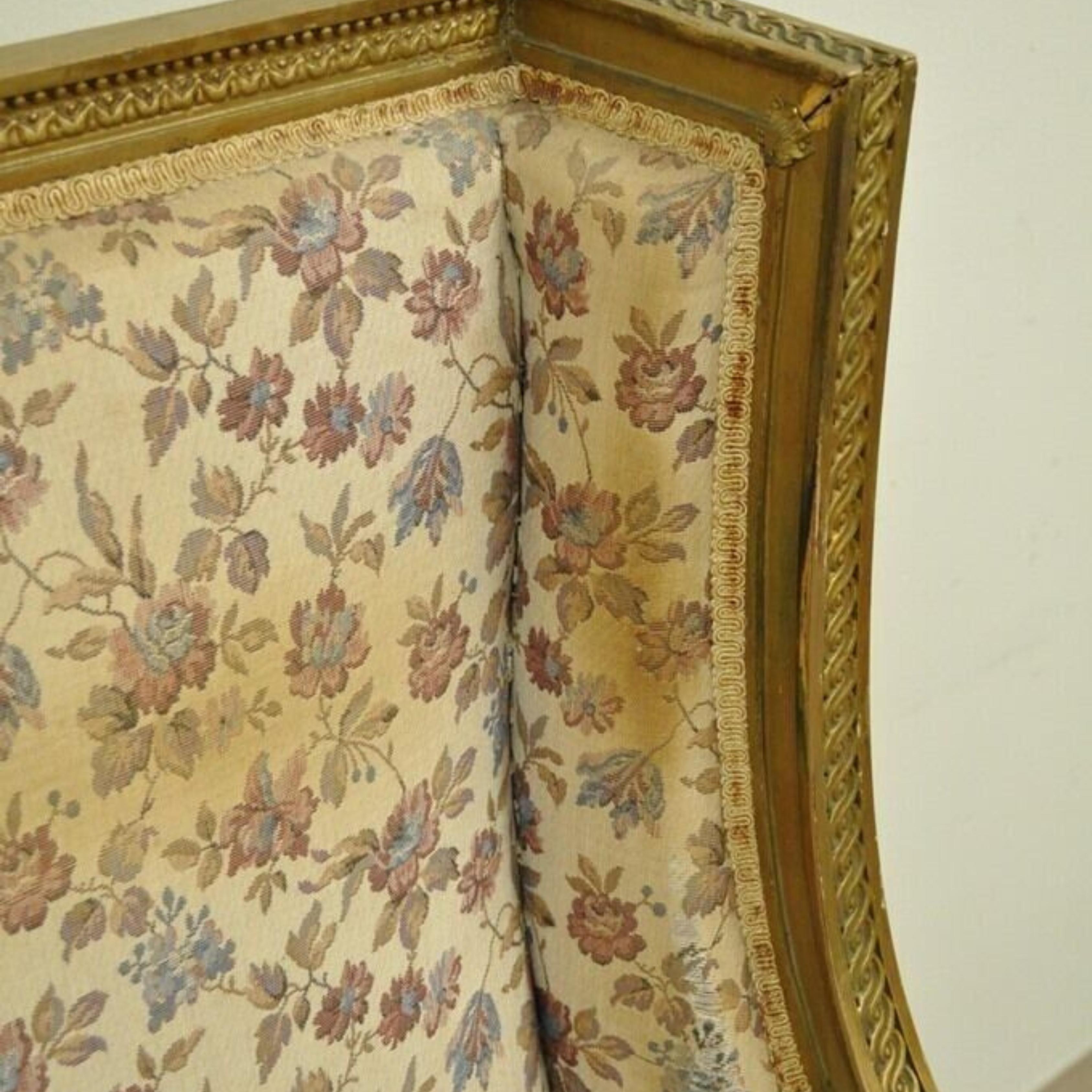 Antique French Louis XVI Victorian Gold Gilt Wood Wing Back Bergere Arm Chair For Sale 2