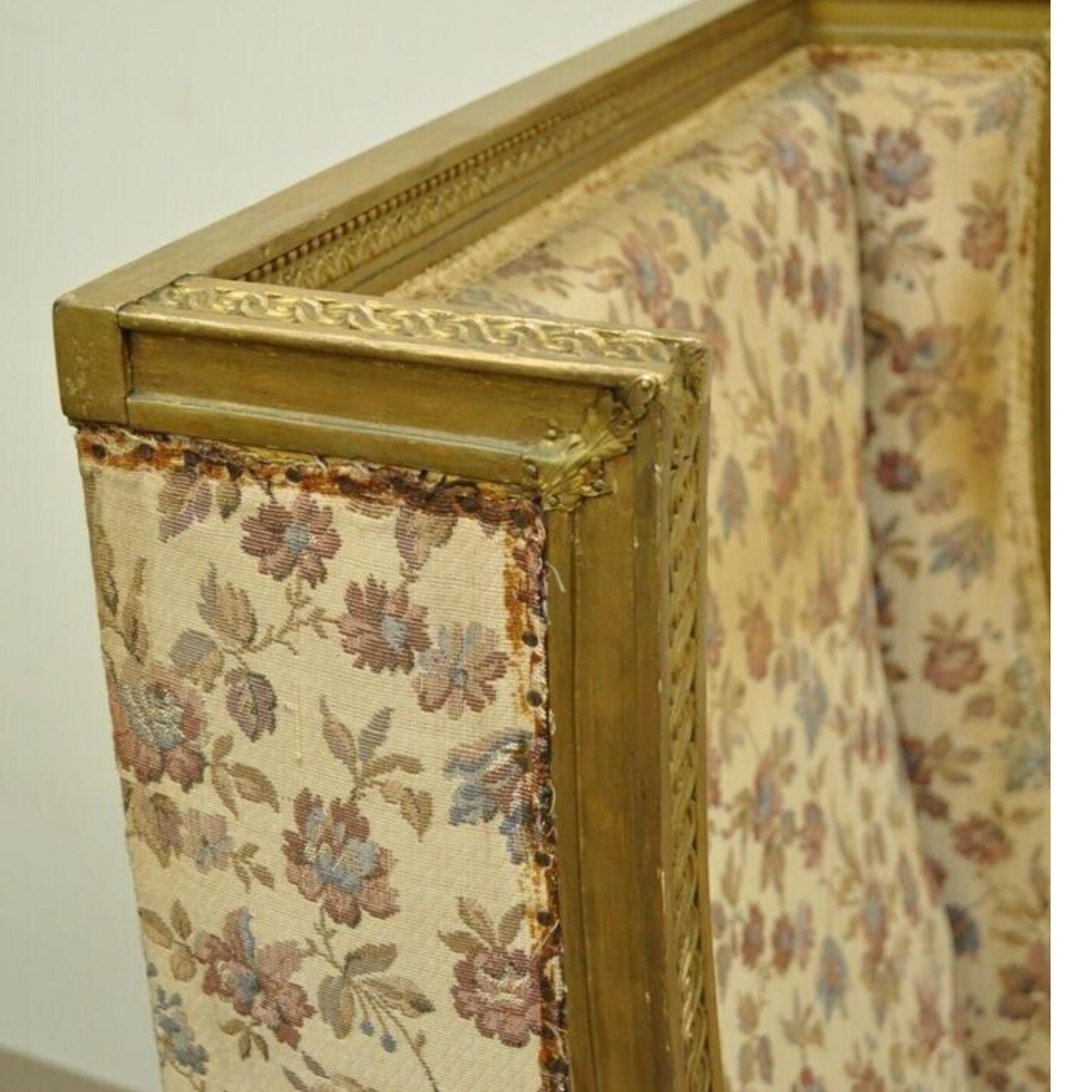 Antique French Louis XVI Victorian Gold Gilt Wood Wing Back Bergere Arm Chair For Sale 4
