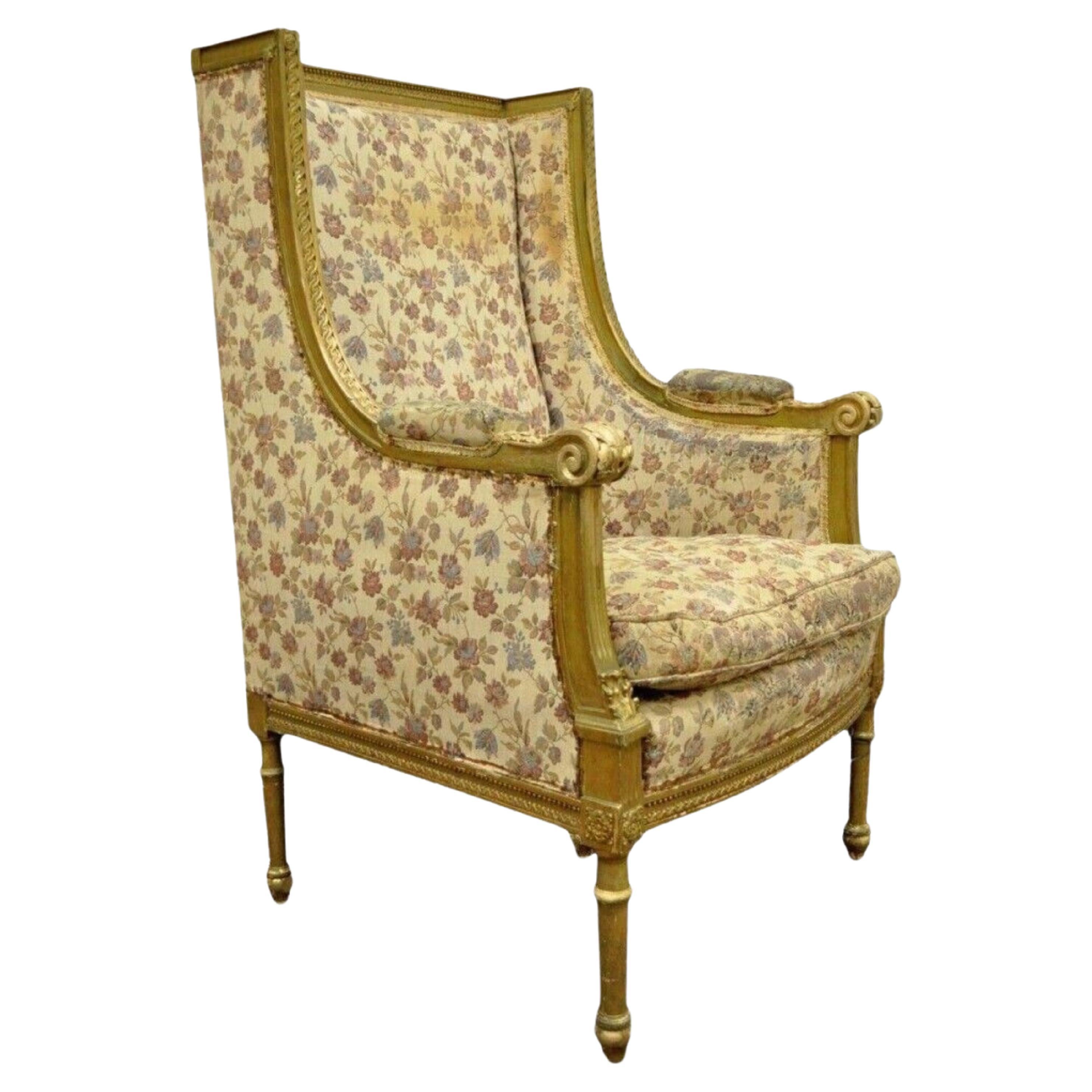 Antique French Louis XVI Victorian Gold Gilt Wood Wing Back Bergere Arm Chair For Sale