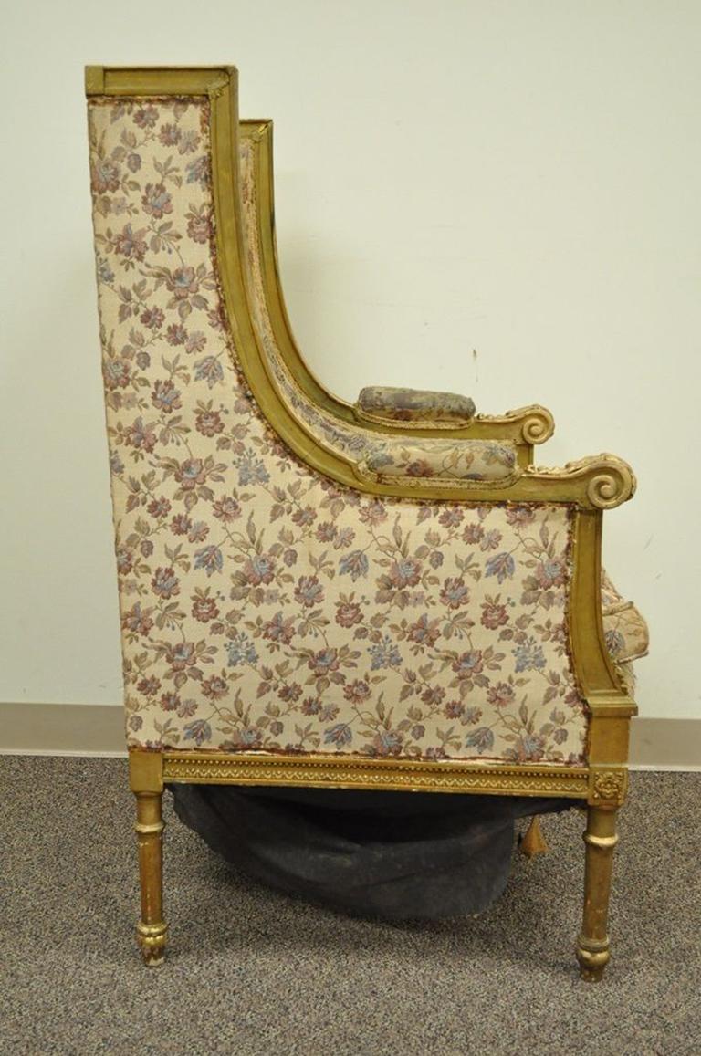 Antique French Louis XVI Victorian Gold Giltwood Wing Back Bergere Armchair 4