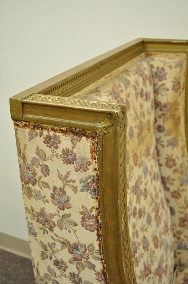 Antique French Louis XVI Victorian Gold Giltwood Wing Back Bergere Armchair In Fair Condition In Philadelphia, PA