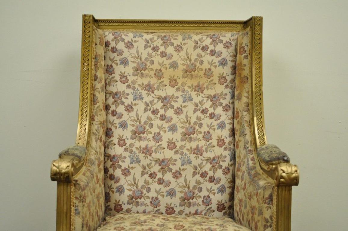 20th Century Antique French Louis XVI Victorian Gold Giltwood Wing Back Bergere Armchair