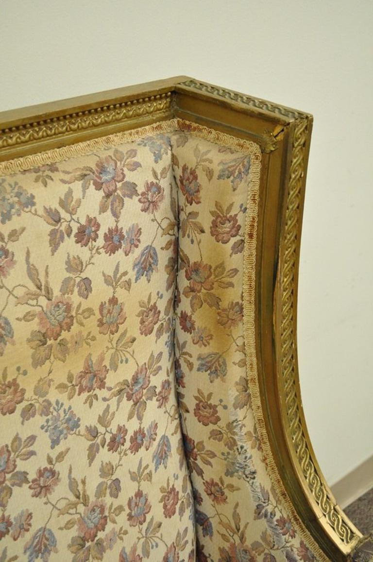 Fabric Antique French Louis XVI Victorian Gold Giltwood Wing Back Bergere Armchair
