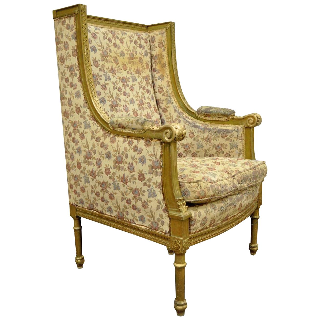 Antique French Louis XVI Victorian Gold Giltwood Wing Back Bergere Armchair