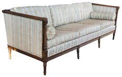 Antique French Louis XVI Walnut 3 Seat Silk Upholstered Settee Sofa Couch