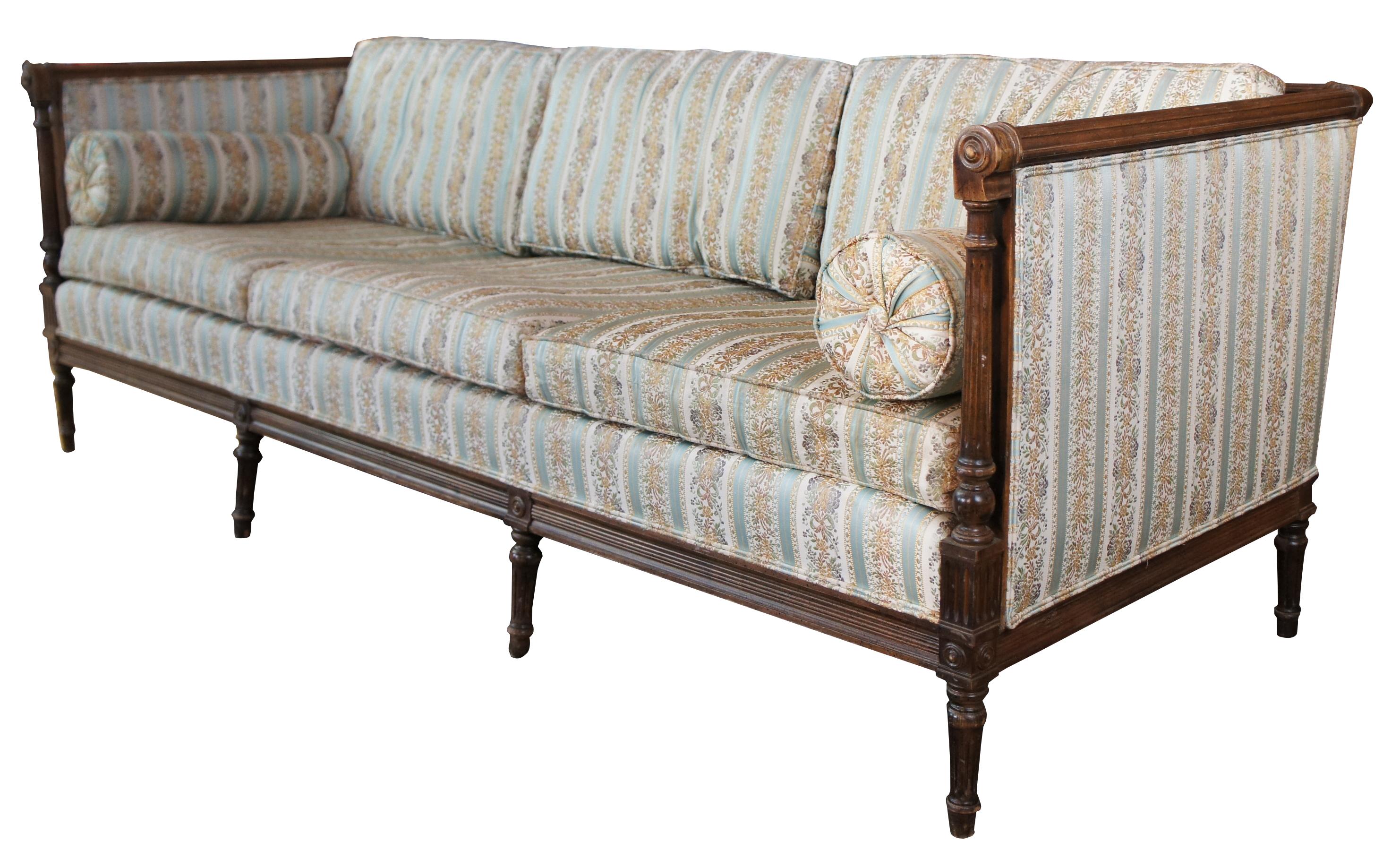 Antique French Louis XVI Walnut 3 Seat Silk Upholstered Settee Sofa Couch In Good Condition In Dayton, OH