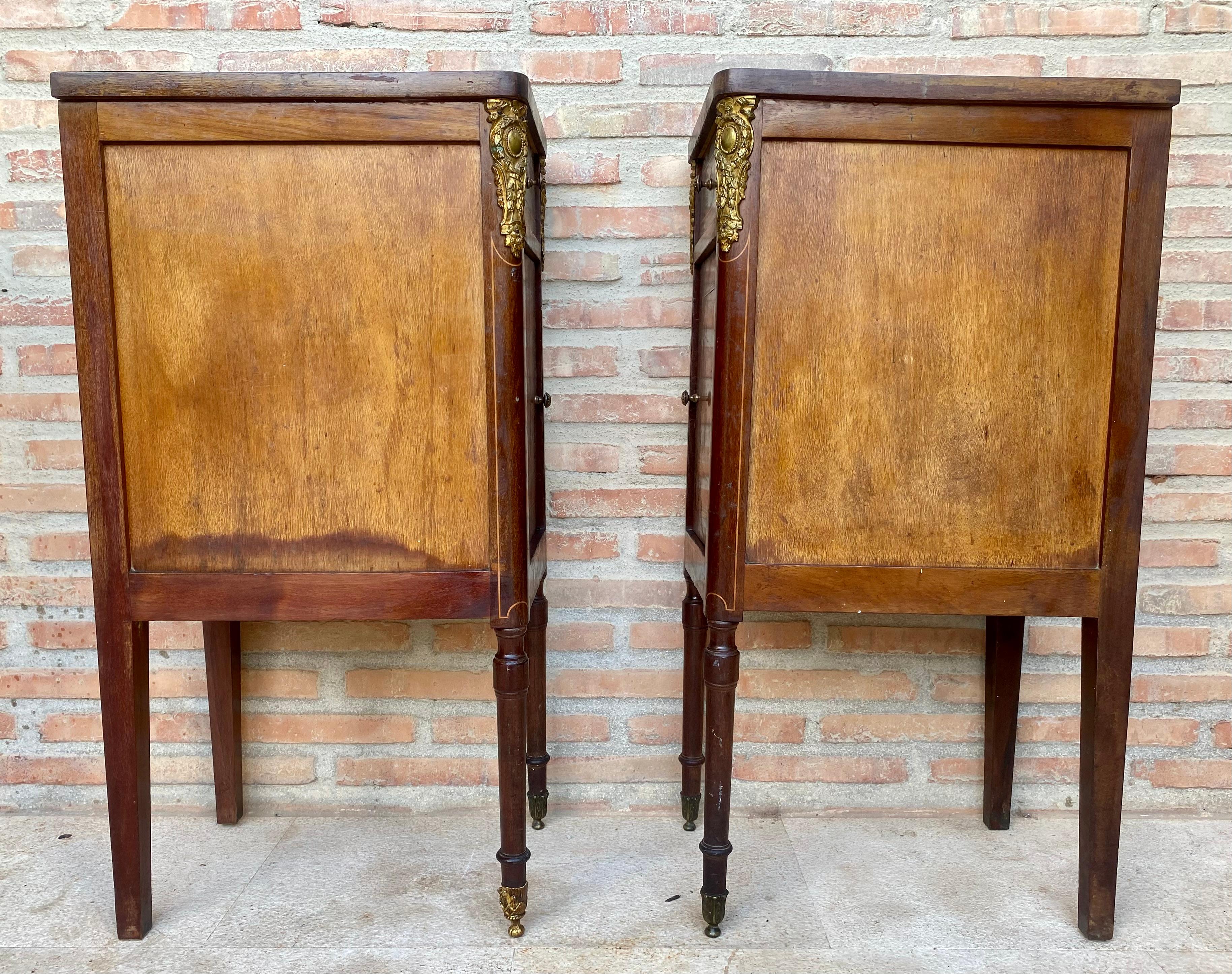 Antique French Louis XVI Walnut and Bronze Nightstands, 1920s, Set of 2 For Sale 4