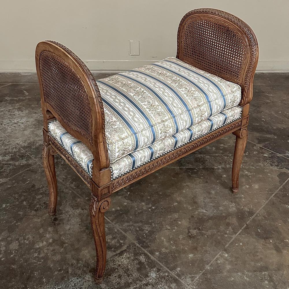 Fabric Antique French Louis XVI Walnut Armbench ~ Vanity Bench For Sale