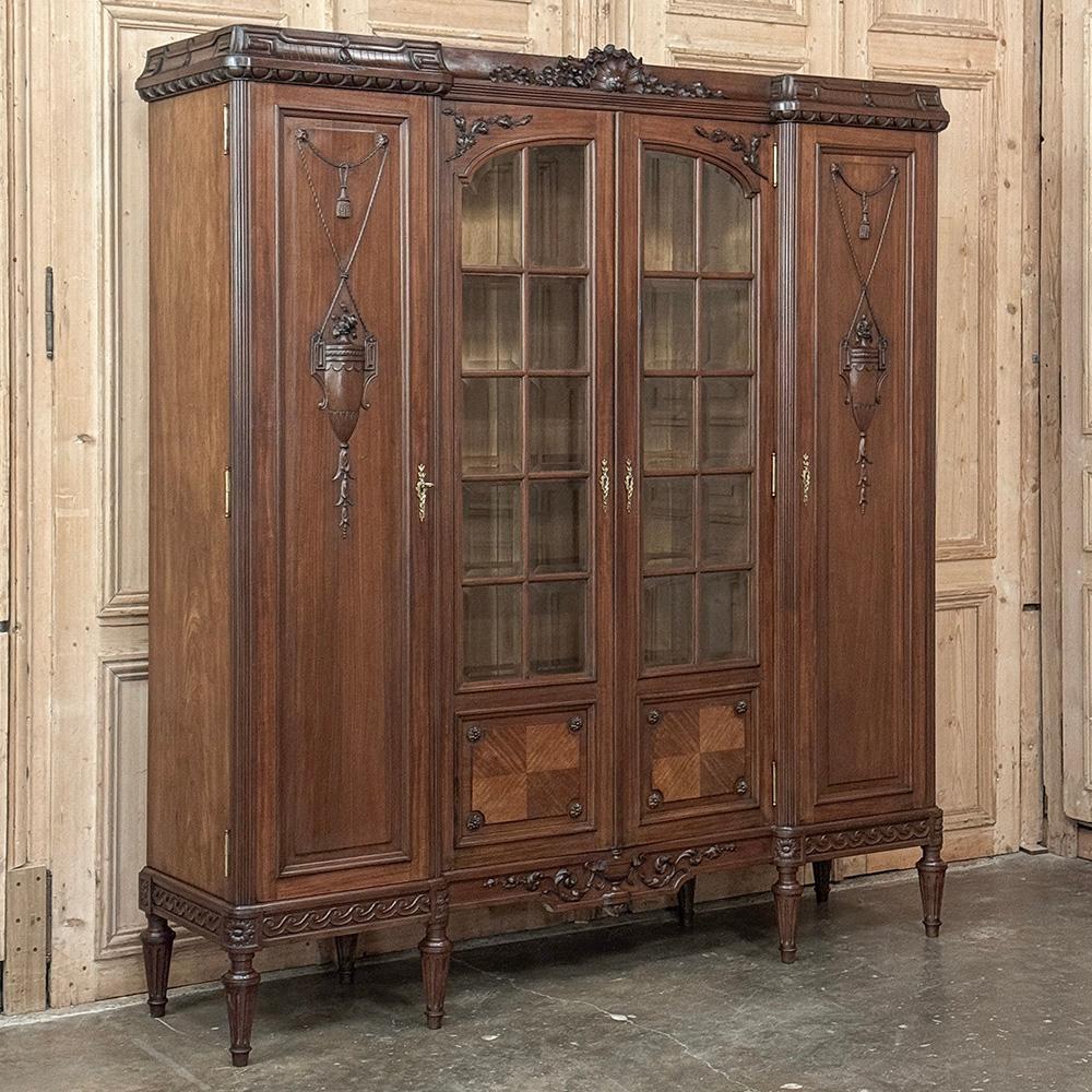 Biseauté Antique French Louis XVI Walnut Bookcase ~ Bibliotheque by Hirler of Alsace en vente