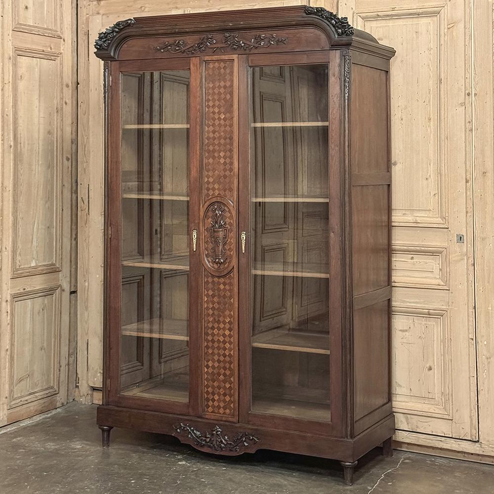 Hand-Carved Antique French Louis XVI Walnut Bookcase ~ Display Armoire For Sale