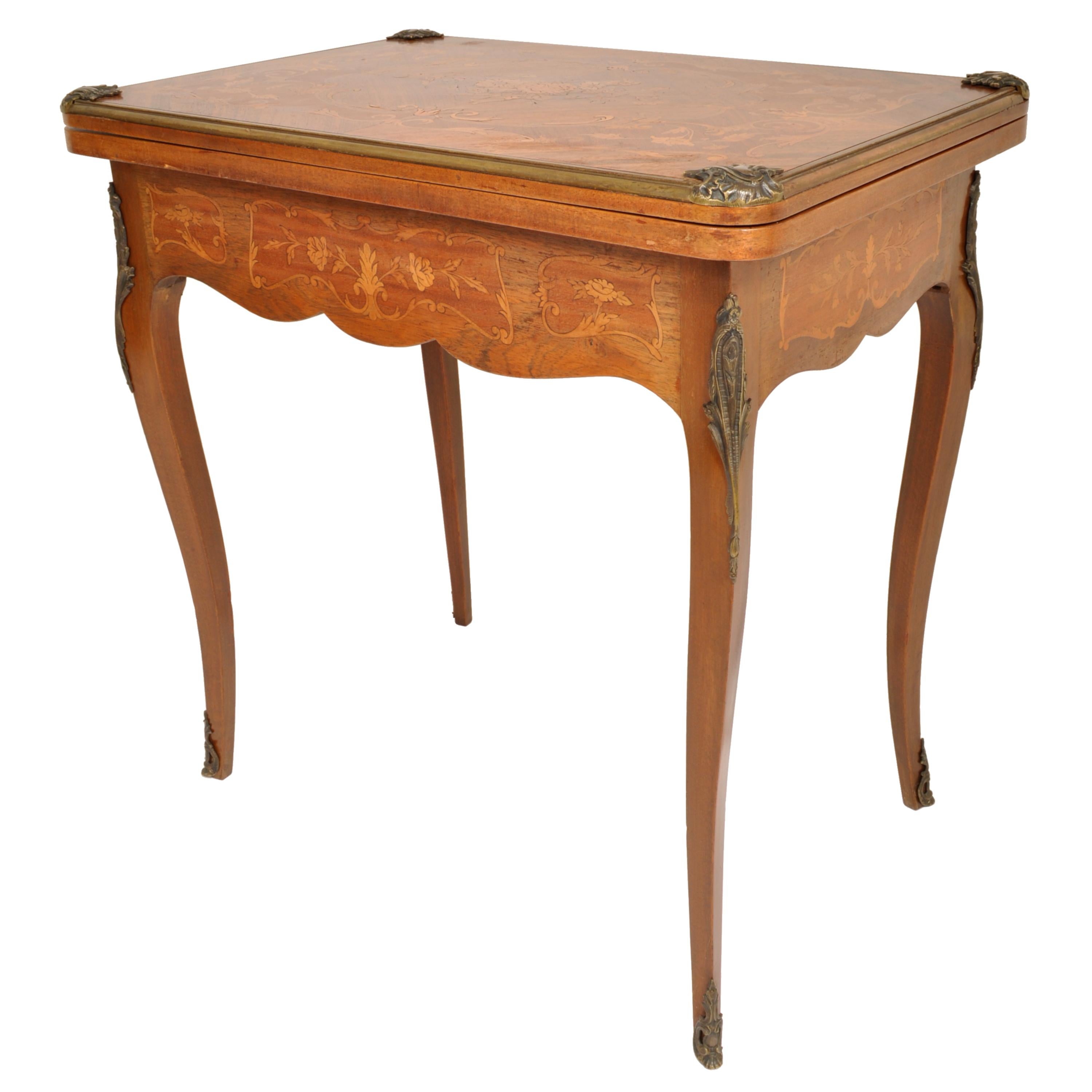 Gilt Antique French Louis XVI Walnut Fruitwood Inlaid Ormolu Card Games Table, 1880 For Sale