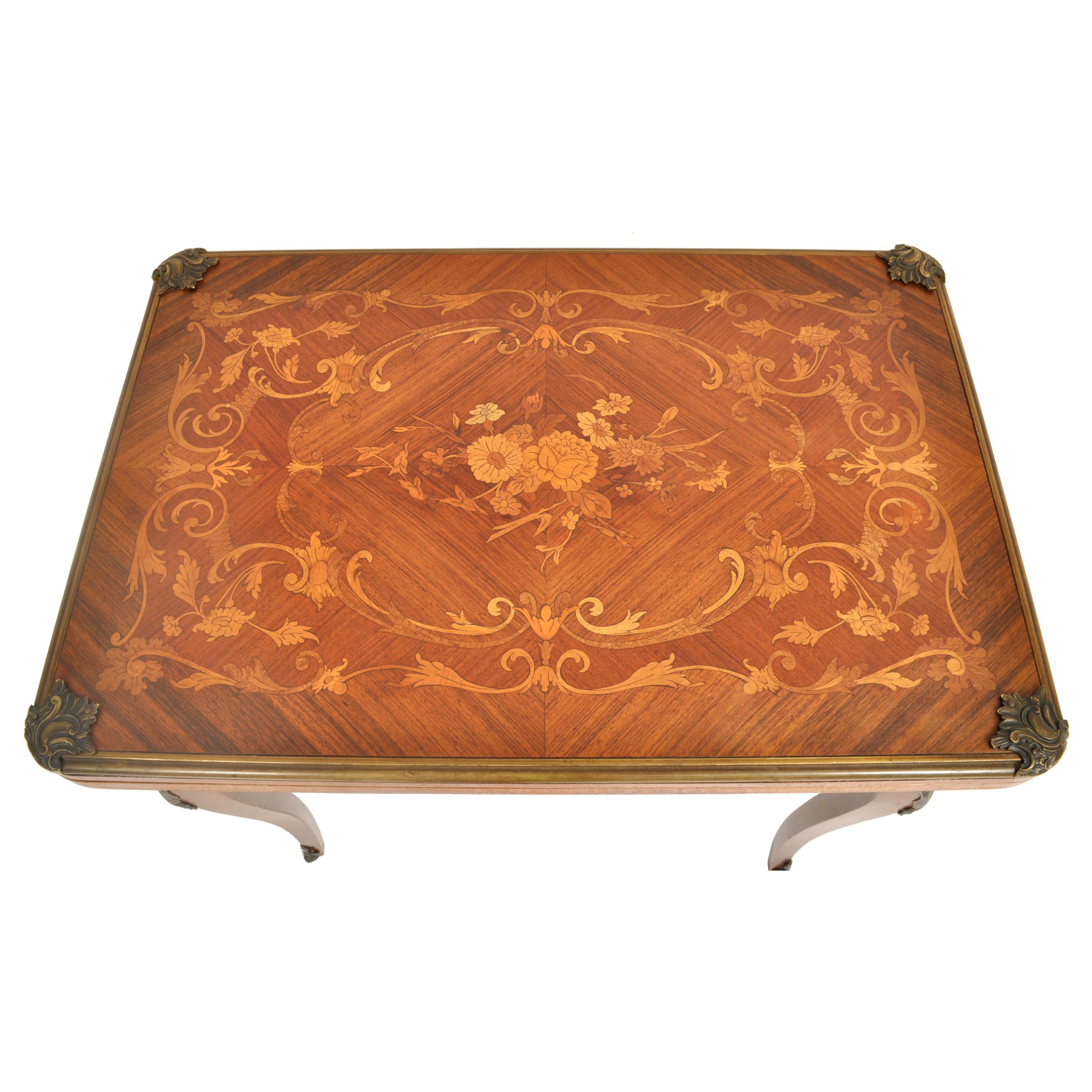 Antique French Louis XVI Walnut Fruitwood Inlaid Ormolu Card Games Table, 1880 In Good Condition In Portland, OR