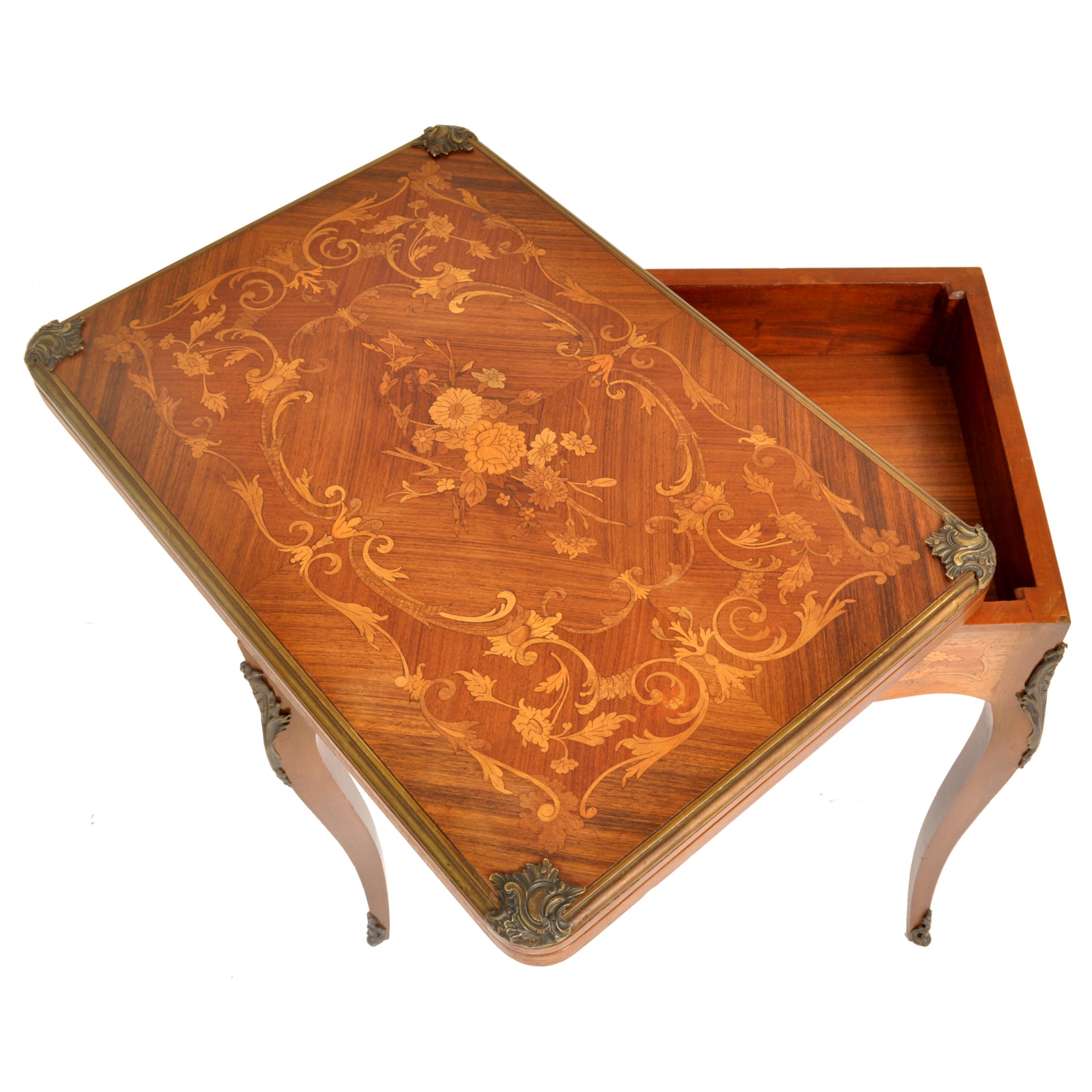 Late 19th Century Antique French Louis XVI Walnut Fruitwood Inlaid Ormolu Card Games Table, 1880 For Sale