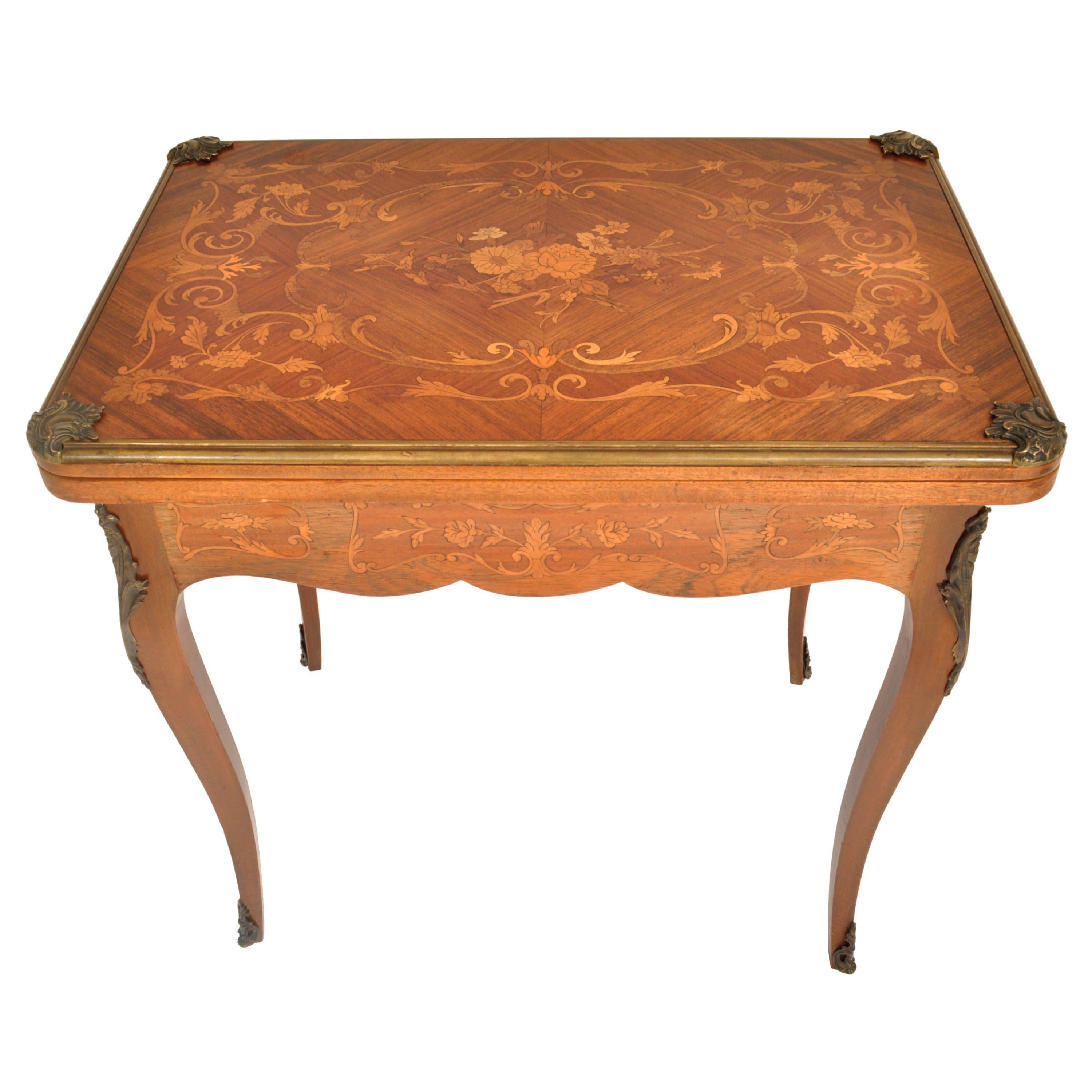 Antique French Louis XVI Walnut Fruitwood Inlaid Ormolu Card Games Table, 1880 For Sale