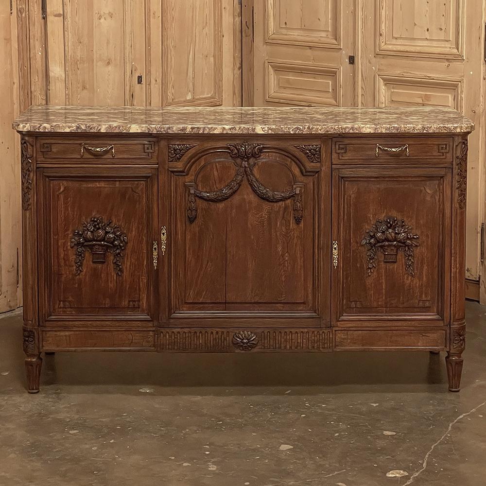 Hand-Crafted Antique French Louis XVI Walnut Marble Top Buffet For Sale