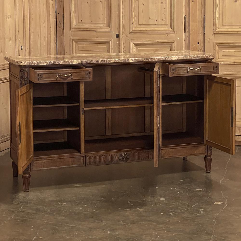 Bronze Antique French Louis XVI Walnut Marble Top Buffet For Sale
