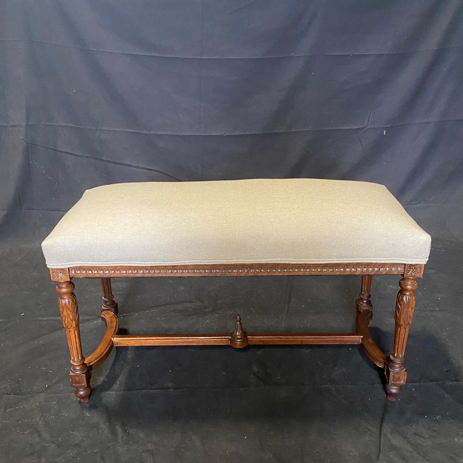 Antique French Louis XVI Walnut Upholstered Seat Bench For Sale 4