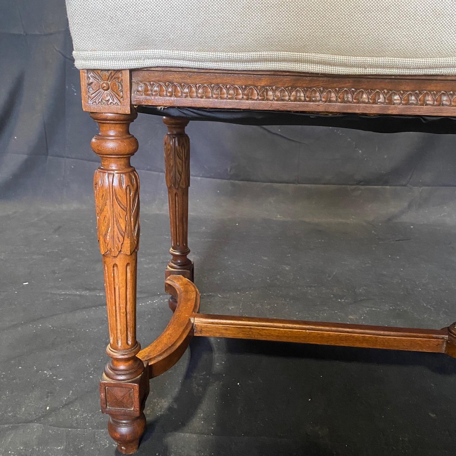 Early 20th Century Antique French Louis XVI Walnut Upholstered Seat Bench For Sale