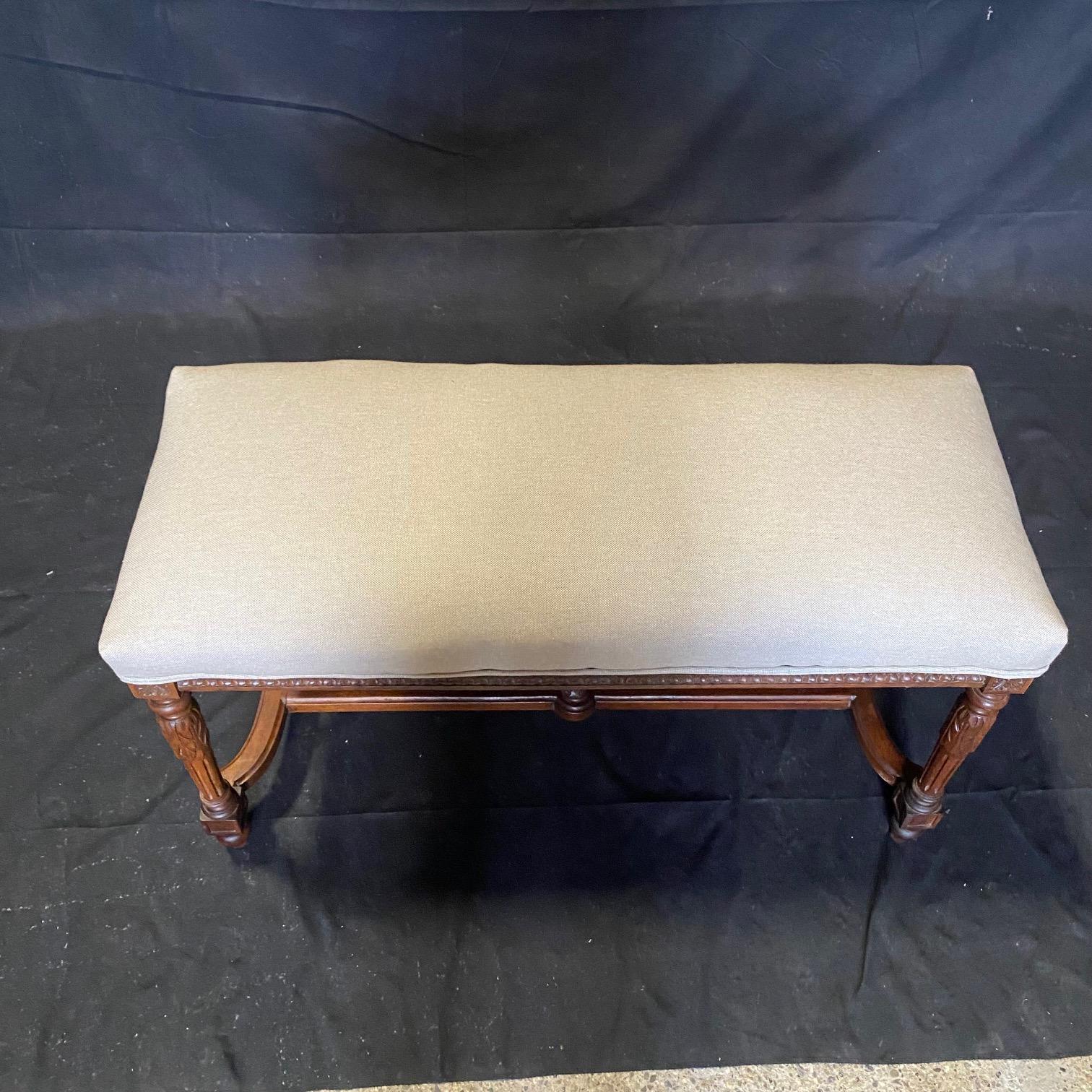 Antique French Louis XVI Walnut Upholstered Seat Bench For Sale 1