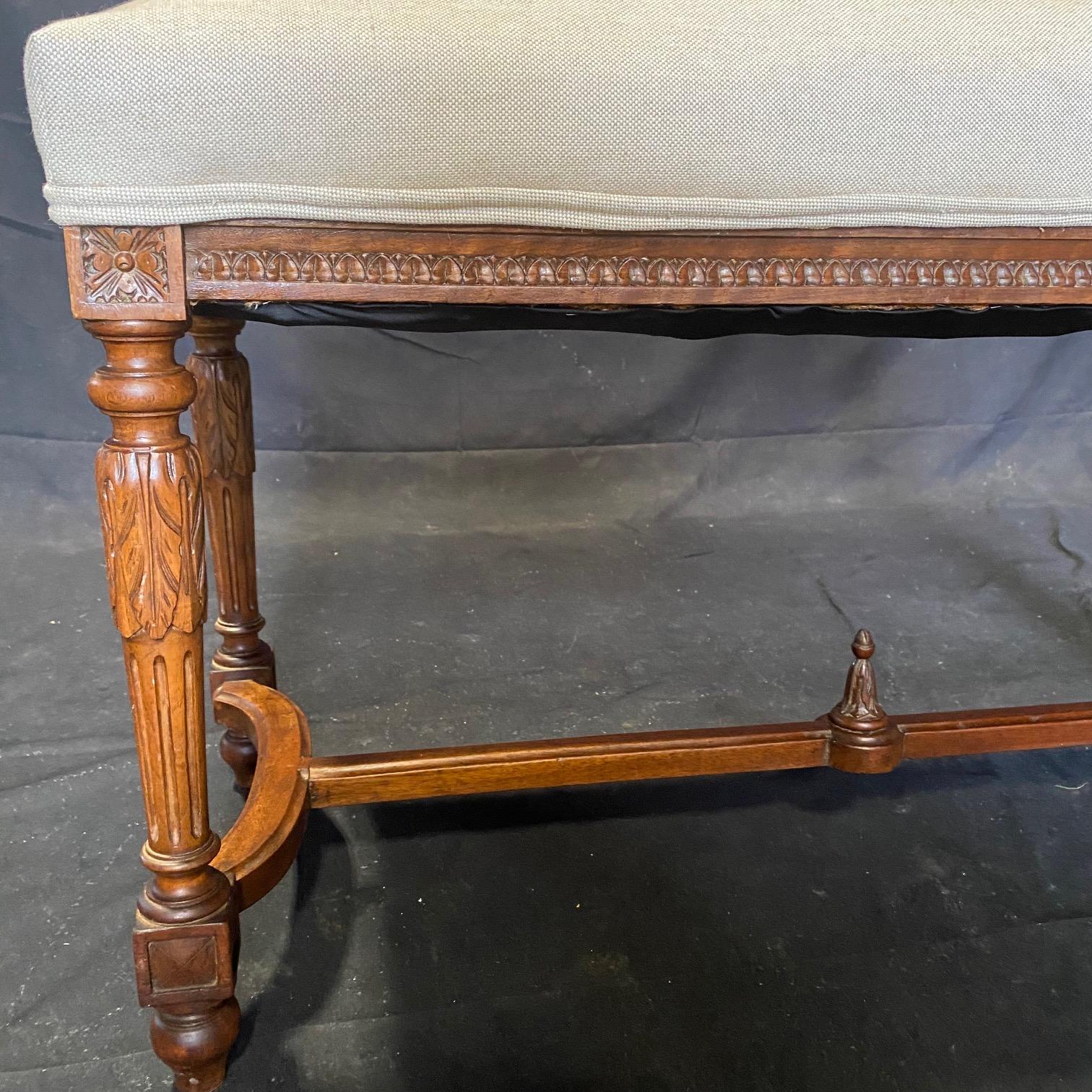Antique French Louis XVI Walnut Upholstered Seat Bench For Sale 1