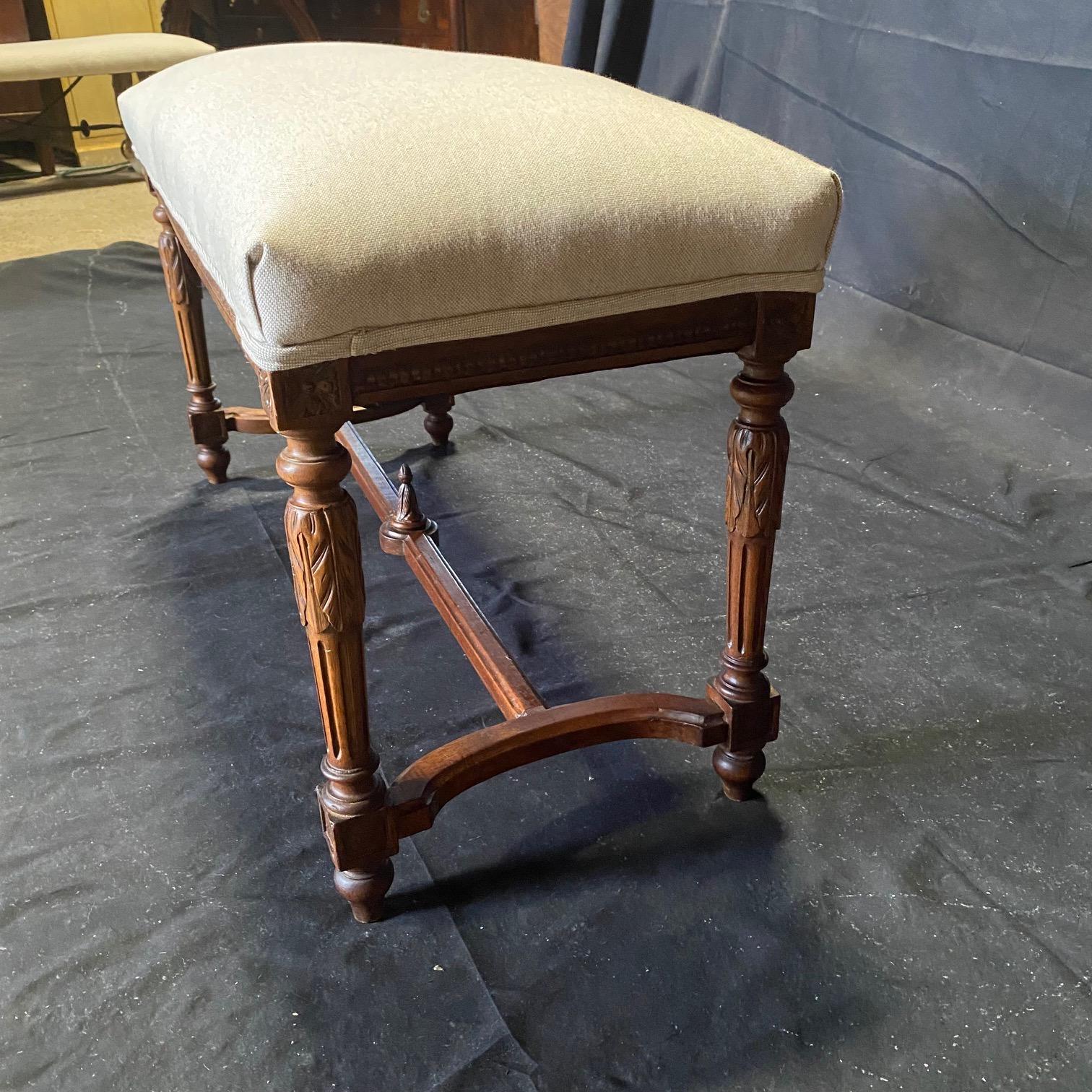 Antique French Louis XVI Walnut Upholstered Seat Bench For Sale 3