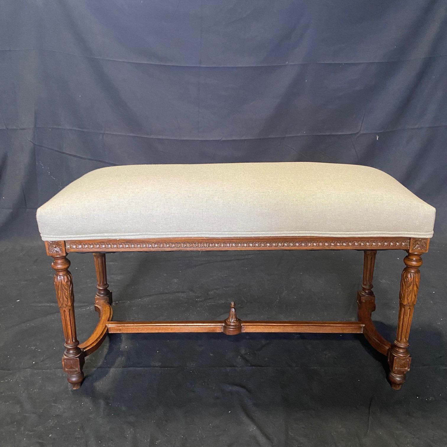 Antique French Louis XVI Walnut Upholstered Seat Bench For Sale 4